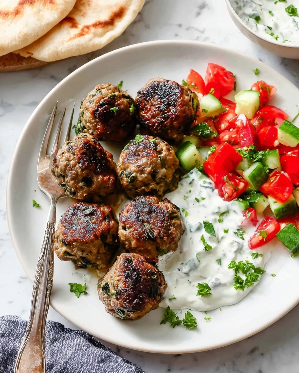 A white plate holds seven round, browned meatballs with some green herb pieces inside them arranged in a loose cluster on the left side. To the right of the meatballs, there is a thick, creamy white sauce scattered with small bits of herbs. Next to the sauce is a fresh salad made of diced red tomatoes and green cucumbers, mixed with small green herb leaves. A silver fork rests on the bottom left edge of the plate. The plate sits on a table with pieces of white flatbread in the background and a white bowl with some creamy sauce visible. The whole scene is set on a white marbled textured surface. photo taken with an iphone --ar 4:5 --v 7