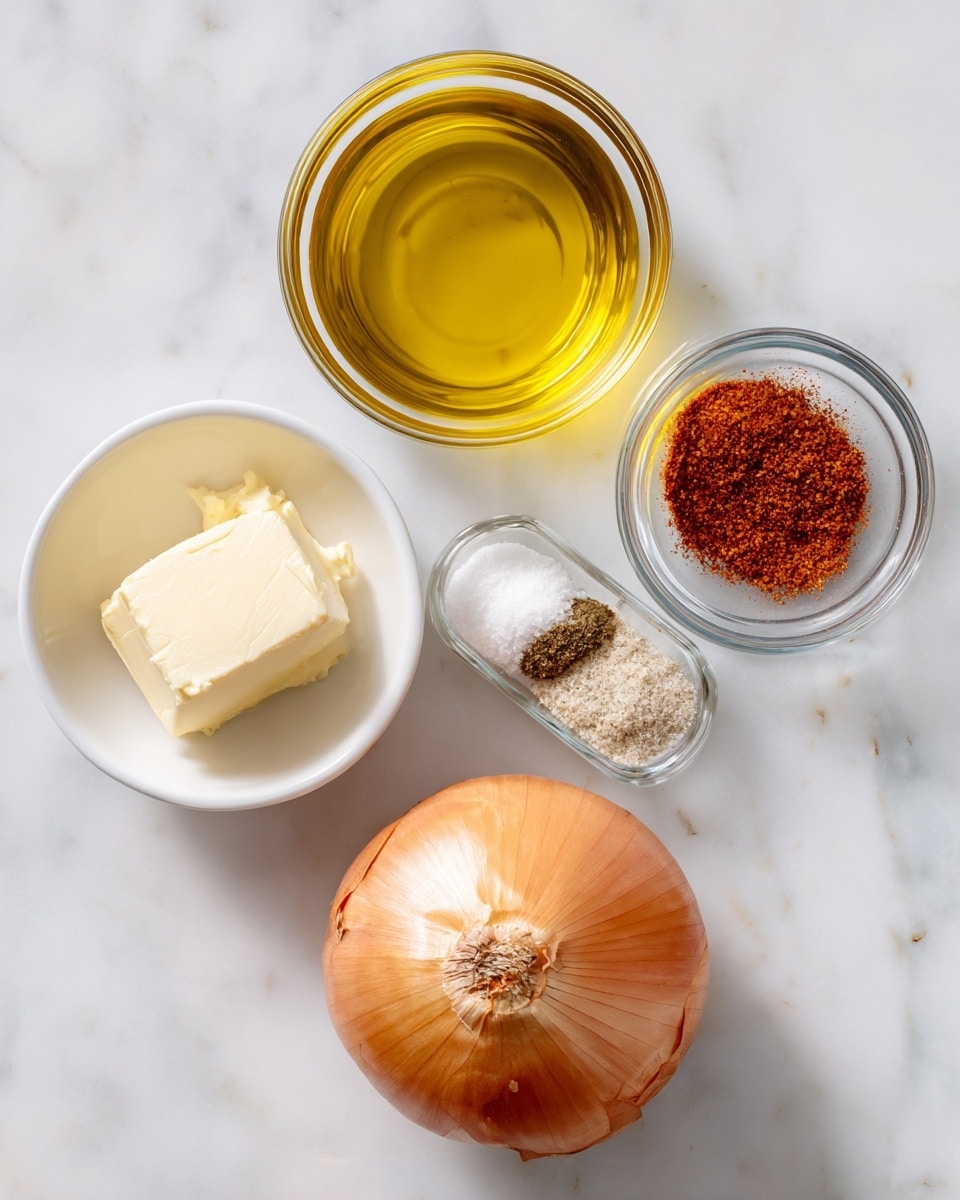 A white cup filled with golden yellow olive oil is at the top left, a small clear glass bowl with a pale block of vegan butter is at the bottom left, and to the right of these is a tiny clear glass bowl divided into white salt and reddish orange Cajun seasoning. Below them all sits a large round sweet onion with light brown and orange skin, all placed on a white marbled surface. Photo taken with an iphone --ar 4:5 --v 7
