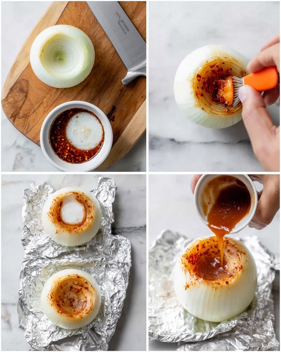 The image shows a six-step process on a white marbled surface. The first photo has a peeled white onion halved on a wooden board, alongside a large silver knife. In the second, a woman's hand is holding a small orange-handled tool, scooping out the center of one onion half. The third features a small white bowl containing a dark red and brown spicy sauce being stirred with a small spoon. The fourth photo shows the hollowed onion half placed on a piece of foil with a small dollop of white sauce in the center. In the fifth, a woman's hand is pouring the red-brown sauce from the small white bowl over the white sauce inside the onion on the foil. The last photo presents the onion half with layered white and red sauce on foil, topped with a sprinkling of spices. Photo taken with an iphone --ar 4:5 --v 7