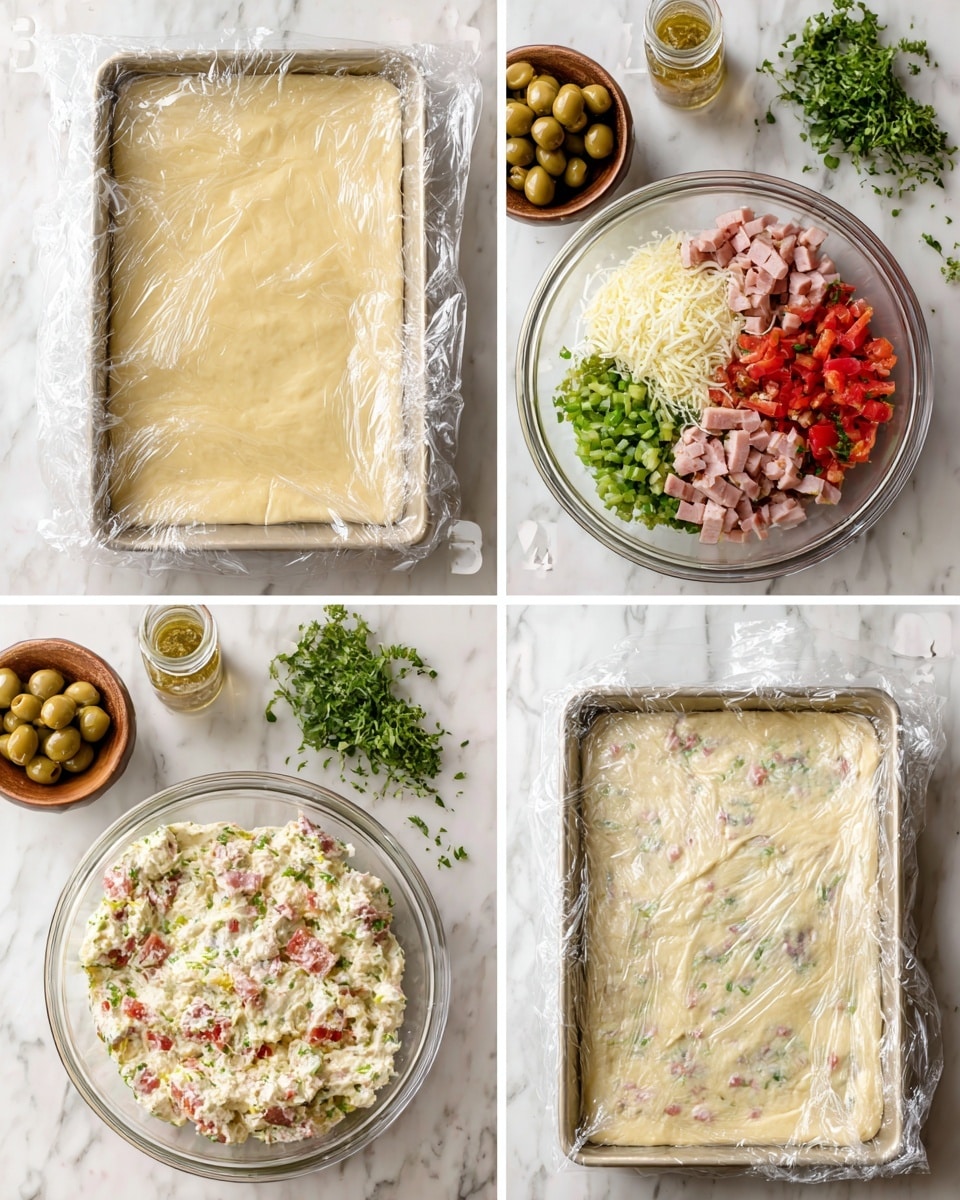 The images show four steps of making a layered dish. Step 1 has a rectangular baking pan lined with clear plastic wrap, showing a light yellow dough layer pressed evenly inside. Step 2 shows a clear glass bowl with separate piles of diced pink ham, chopped green onions, shredded white cheese, chopped red bell peppers, green olive relish, and mixed herbs on a white marbled surface. Step 3 has all these ingredients mixed together into a creamy, chunky filling in the same bowl. Step 4 shows the baking pan again with the combined filling spread evenly over the dough base, covered lightly with clear plastic wrap. The whole setting is on a white marbled surface with small bowls of green olives and a jar in the background, and green herbs nearby. Photo taken with an iphone --ar 4:5 --v 7