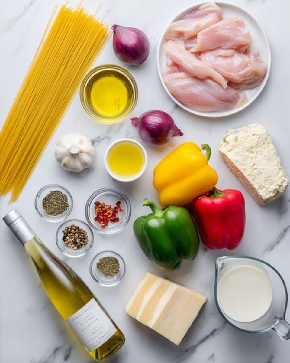 On a white marbled surface, there are rows of ingredients neatly arranged. At the top right, thin raw pink chicken slices lay on a white plate, next to three whole bell peppers in green, yellow, and red from left to right. A whole purple onion and a head of garlic are placed toward the upper middle. Long strands of uncooked yellow pasta are on the top left, with a small bowl of yellow olive oil and a glass bowl holding yellow butter below them. Below the onions and garlic, small glass bowls contain dried oregano, red chili flakes, and black pepper. A bottle of white wine is in the lower middle, tilted slightly to the left. To its right, there are two wedges of cheese, one white and soft, the other solid and pale yellow. On the bottom right, a clear glass pitcher holds white cream, with an empty glass measuring cup to the left. photo taken with an iphone --ar 4:5 --v 7