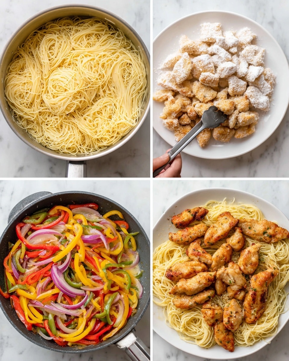 The image shows a sequence of cooking steps starting with a pot filled with cooked thin spaghetti noodles, light yellow in color and piled evenly to fill the pot. Next, a white plate sits on a white marbled surface, with chicken pieces evenly coated in white flour arranged neatly. Following that, golden brown chicken strips are being cooked in a pan, with a woman's hand holding tongs to flip them. In the next frame, a pan displays bright and colorful sliced bell peppers with red, yellow, and green strips mixed with thin slices of purple onion, all simmering in a light sauce. Then, the cooked spaghetti is added on top of the cooked peppers and onions in the pan, forming a large light yellow mound with some sauce visible beneath. Lastly, the golden brown cooked chicken pieces are placed evenly on top of the layered spaghetti and vegetables in the pan, creating a full dish with various textures and colors. photo taken with an iphone --ar 4:5 --v 7