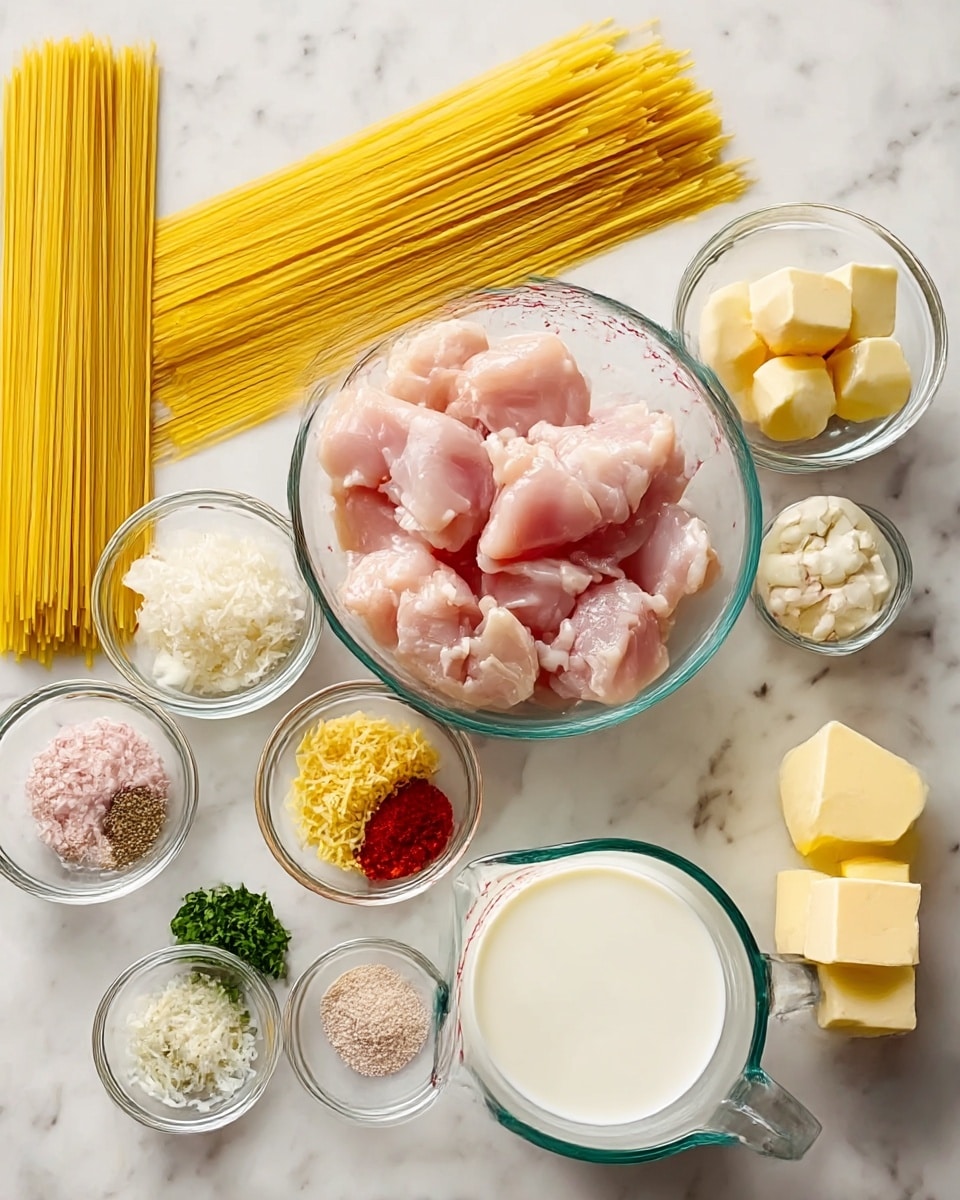 The image shows several clear glass bowls and one glass measuring cup on a white marbled surface. In the center, a large glass bowl holds raw chicken pieces with a light pink color and smooth texture. Next to it, on the left, is a pile of uncooked long yellow spaghetti noodles lying flat. Surrounding these are smaller clear bowls containing finely chopped shallots (small pale pink pieces), minced garlic (small white pieces), grated cheese (white shredded texture), small green herb leaves, lemon zest (bright yellow thin shreds), black pepper (dark specks), red chili flakes (red small flakes), paprika powder (red powder), salt (white granules), and three cubes of butter (light yellow). A clear glass measuring cup filled with white milk is placed near the spaghetti. All items are neatly arranged on the white marbled surface, with clear bowls showing the textures and colors of each ingredient clearly. photo taken with an iphone --ar 4:5 --v 7