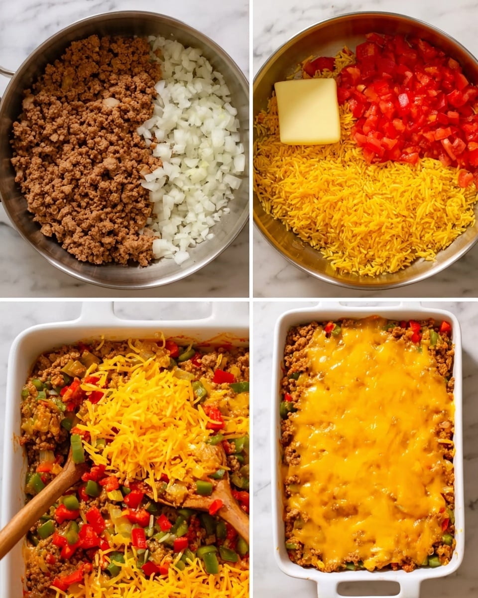 The image shows four close-up views of a recipe in progress, all placed on a white marbled surface. The top left section shows ground meat mixed with small white pieces of onion in a stainless steel pan. The top right section captures three separate ingredients in the pan next to the cooked meat: diced tomatoes with a dollop of light yellow butter and cooked yellow rice. The bottom left section shows the meat mixture now combined with bright yellow shredded cheese and mixed with diced red and green bell peppers, being stirred with a wooden spoon. The bottom right section displays a white rectangular baking dish filled with the mixed meat and vegetable layer, topped thickly with melted bright orange cheese. Photo taken with an iphone --ar 4:5 --v 7
