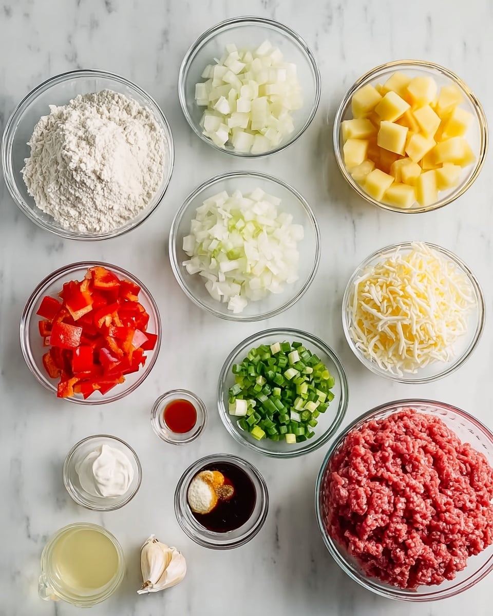 The image shows many small clear glass bowls on a white marbled surface, each containing different ingredients. Starting from the top left, there is a bowl with white flour, next to it a bowl with chopped white onions, and a larger bowl with small yellow potato cubes. To the right of the potatoes is a bowl with shredded white cheese. Below these, there is a bowl with chopped green onions, a bowl with bright red chopped bell peppers, and a bowl with a dollop of white sour cream. Small bowls with minced garlic, dark soy sauce, and reddish seasoning are scattered among the larger bowls. To the far right is a large bowl filled with raw ground meat that is pinkish red. There is also a small glass cup with clear liquid, another cup with a light yellow broth, and a small amount of red liquid in a glass bowl. The setup is neat and arranged evenly across the white marbled background. Photo taken with an iphone --ar 4:5 --v 7
