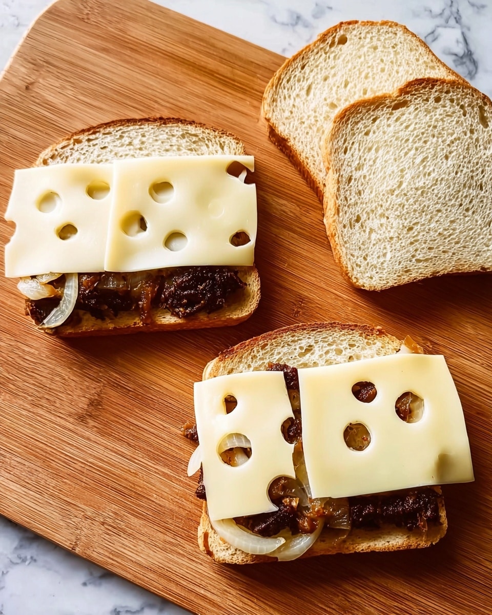 Two open sandwiches on a wooden board with a white marbled background. Each sandwich has two pieces of toasted light brown bread. The bottom piece has a layer of dark brown cooked meat with visible texture, topped with caramelized onions that are golden brown and slightly shiny. On top of the onions, there are two slices of white Swiss cheese with large holes in them placed overlapping. The top pieces of bread are plain and placed nearby, not yet on the sandwiches. A woman's hand is not visible in the scene. Photo taken with an iphone --ar 4:5 --v 7