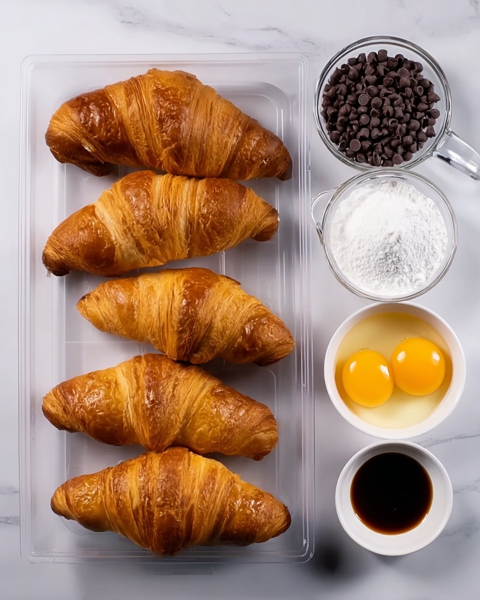 The image shows six golden brown croissants arranged in two rows inside a clear plastic box on a white marbled surface. To the right, there are five small white bowls and a clear glass measuring cup. From top to bottom: a bowl filled with dark chocolate chips, a glass measuring cup with white milk, a bowl with two cracked raw eggs showing bright yellow yolks, a small bowl of granulated white sugar, and a small bowl of dark brown vanilla extract. The scene is neat and clean, highlighting the ingredients clearly. Photo taken with an iphone --ar 4:5 --v 7