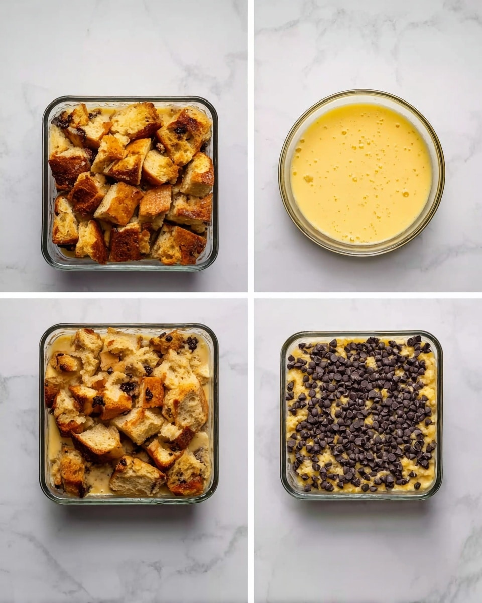 The image shows four steps of making a bread pudding displayed in a grid on a white marbled surface. The top left shows a square glass dish filled with torn, golden-brown bread pieces stacked unevenly. The top right has the same dish partially visible next to a round glass bowl of yellow, frothy egg mixture. The bottom left image shows the bread soaked in the egg mixture, appearing moist and smooth, filling the dish more evenly. The last image at the bottom right displays the soaked bread pudding sprinkled with many small chocolate chips on top, creating a textured, dark contrast over the golden bread. photo taken with an iphone --ar 4:5 --v 7