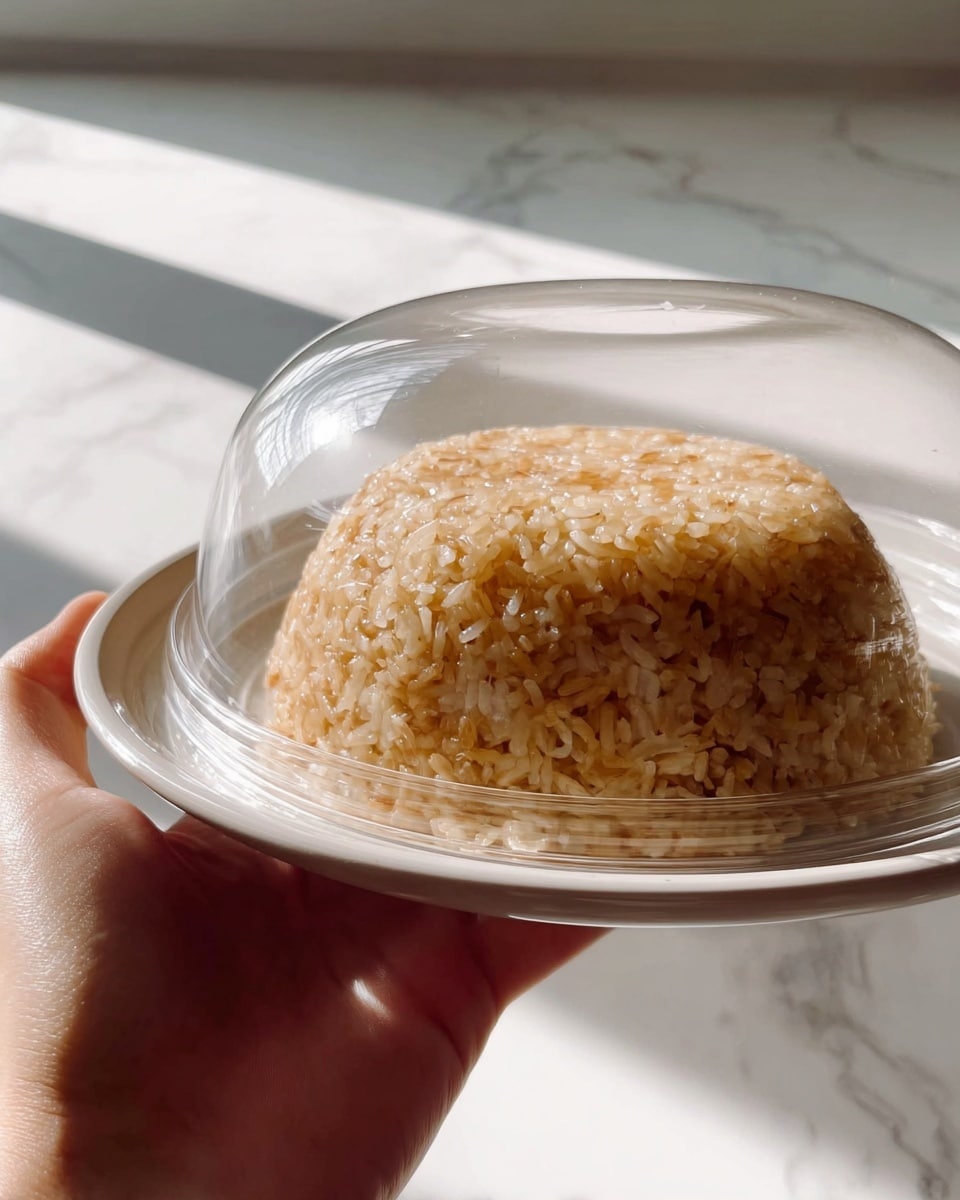 A mound of brown fried rice is shown inside a clear plastic dome lid, which is slightly foggy with steam. The rice grains are dry and separated, with a light golden-brown color. The dome tightly covers the rice, giving it a rounded, dome shape. The dome sits on a flat white plate, held gently by a woman's hand on the left edge. The background and surface beneath the plate show a white marbled texture with soft natural light casting shadows, creating a clean and bright atmosphere. photo taken with an iphone --ar 4:5 --v 7