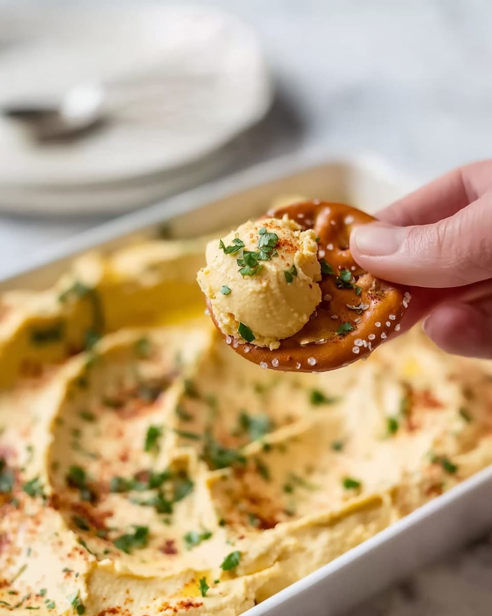 A close-up image shows a woman's hand holding a round, golden pretzel chip with a scoop of creamy, pale yellow hummus on it. The hummus is sprinkled with chopped green herbs and a light dusting of reddish spice. Below, a white rectangular dish filled with smooth hummus is visible, garnished with scattered herbs and spices. The background features a white marbled surface with slightly blurred white plates and a silver spoon. The light is soft, highlighting the creamy texture and colors clearly. photo taken with an iphone --ar 4:5 --v 7