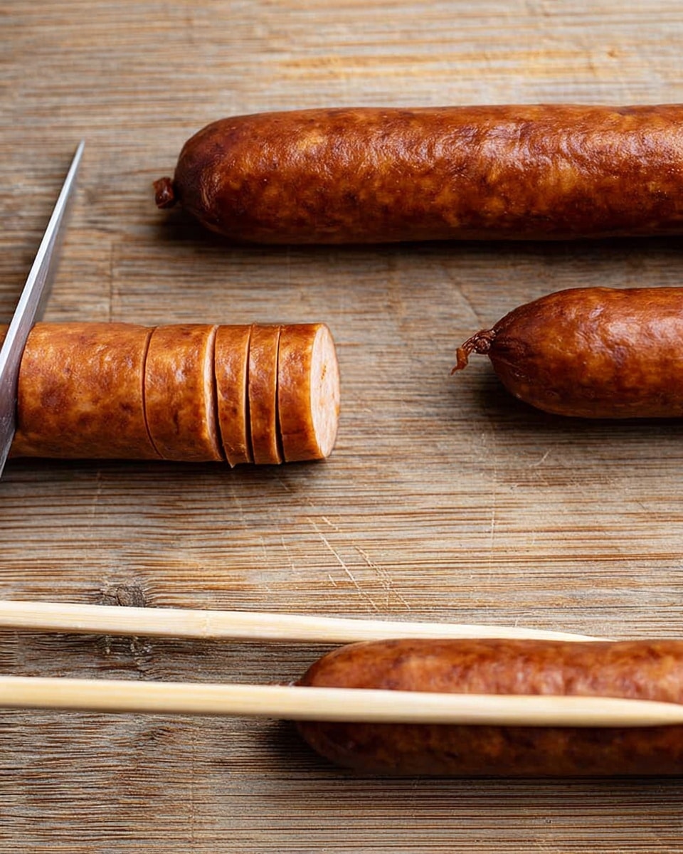 The image shows three long sausages on a wooden surface, with one sausage being sliced by a knife held over two light wooden chopsticks placed side by side. The sausage being sliced has a few diagonal cuts already made on the right end, exposing the texture inside. The other two sausages lay whole and uncut, arranged near the top and right edges, with smooth brown skin and a slightly shiny surface. The scene captures a close-up view, focusing on the textures of the sausages and the wooden cutting surface. photo taken with an iphone --ar 4:5 --v 7