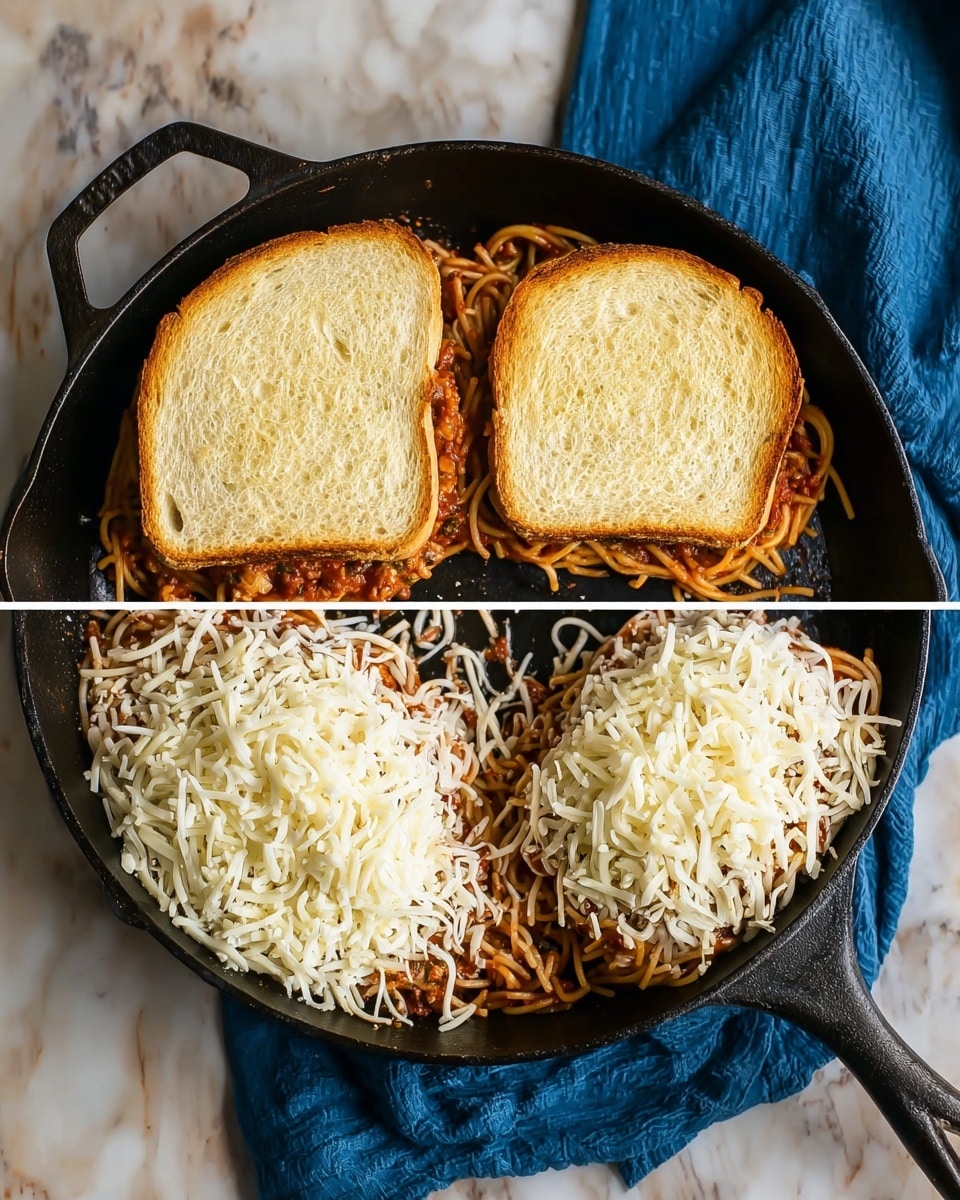 A black skillet sits on a white marbled surface with a blue cloth underneath its handle. Inside the skillet, there is a base layer of brown spaghetti with red sauce, topped with a thick layer of shredded white cheese covering most of the spaghetti. Over this, two thick slices of toasted bread with a light golden spread cover the cheese layer, filling the skillet. Photo taken with an iphone --ar 4:5 --v 7