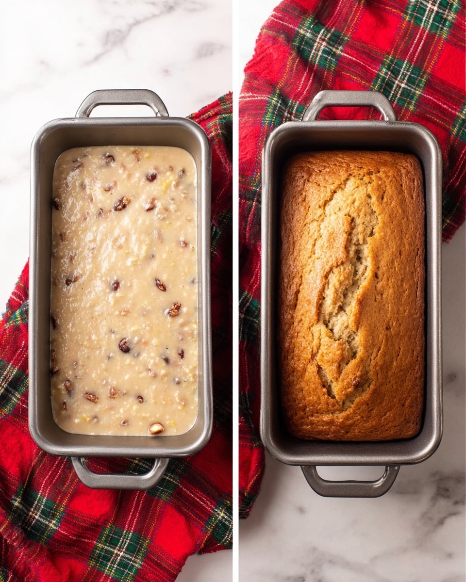 The image shows two rectangular pans placed side by side on a white marbled surface with a red and green plaid cloth underneath. The pan on the left contains a batter with a light beige color and visible pieces of fruit or nuts mixed throughout, unevenly spread and filling the pan almost to the top. The pan on the right holds a fully baked loaf with a golden brown top, slightly cracked in the center, showing spots of darker embedded fruit or nuts. Both pans have a smooth, shiny metal texture and rounded handles. Photo taken with an iphone --ar 4:5 --v 7