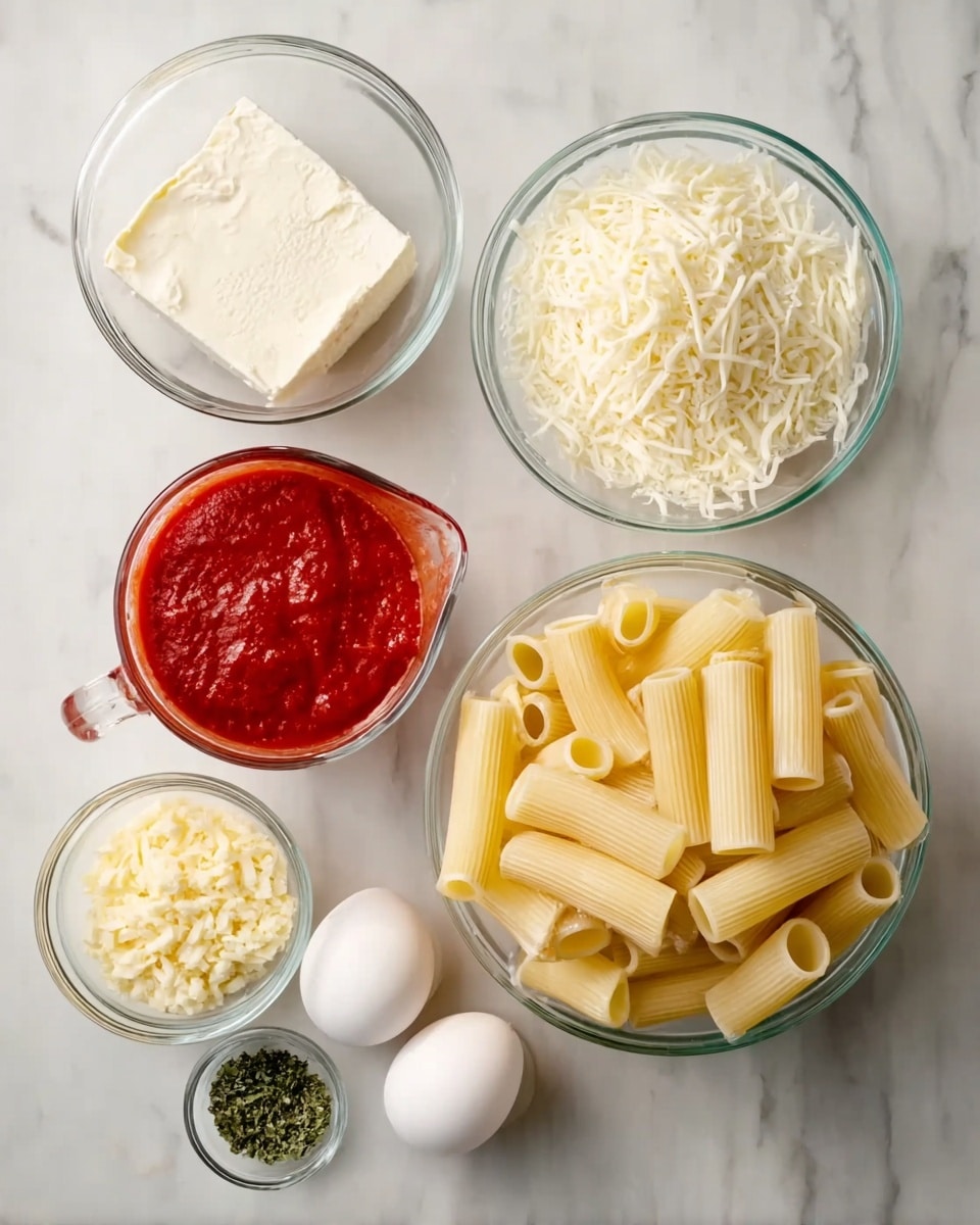 The image shows several clear glass bowls and a measuring cup placed on a white marbled surface. The top center bowl contains large rigatoni pasta with a smooth texture and a light yellow color. To the right, a medium clear bowl is filled with shredded white cheese that looks soft and fluffy. Above that bowl, a smaller clear bowl holds a block of white cheese with a creamy, slightly crumbly texture. On the left side, a glass measuring cup is filled with bright red tomato sauce that looks thick and smooth. Below the cup, a small clear bowl contains finely grated pale yellow cheese. Center bottom holds two white eggs in a small clear bowl. Two very small clear containers below the eggs have green herbs on the left and black pepper on the right. The photo was taken with an iphone --ar 4:5 --v 7