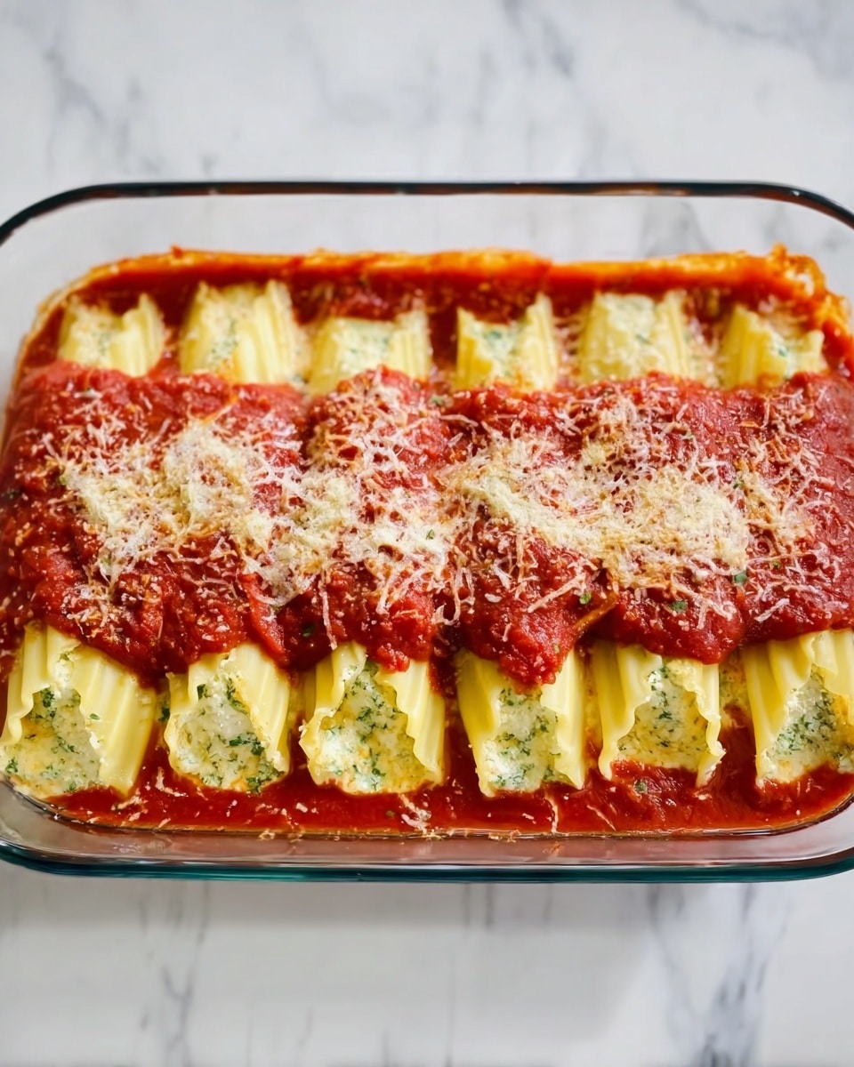 This image shows a clear rectangular glass dish filled with neatly rolled pasta layers, arranged side by side in a single row. The pasta is pale yellow with green herbs mixed in, giving it a slightly speckled texture. The top half is covered with a thick, bright red tomato sauce, spread unevenly to show some pasta beneath. A light sprinkle of grated cheese, pale yellow and slightly melted, covers the top center area of the sauce. The dish sits on a white marbled surface. Photo taken with an iphone --ar 4:5 --v 7