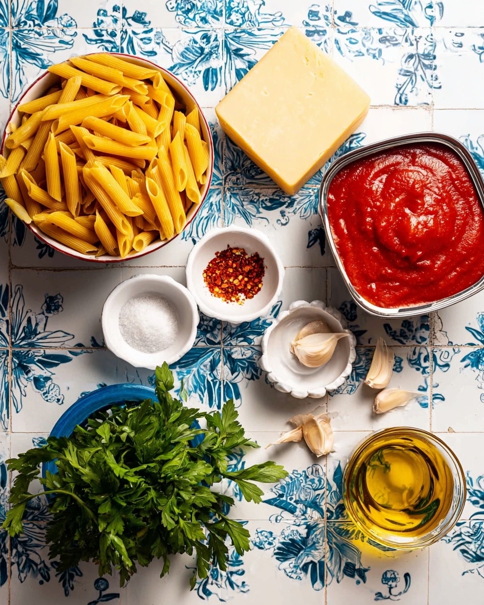 The image shows a layout of raw pasta ingredients arranged on a white marbled surface with a blue floral tile pattern. In the top left corner, there is one round bowl filled with dry yellow penne pasta, each tube smooth and hollow. Above that, block of pale yellow cheese with a slightly rough texture sits next to a tin filled with thick, bright red tomato sauce that has a glossy finish. Near the center, three garlic cloves with white papery skins lie close to two small white bowls, one filled with red chili flakes and the other with coarse white salt, each with a small wooden spoon. At the bottom center, a bunch of fresh, dark green parsley with leafy textures is in a blue container, while to the right, a small glass jar contains golden olive oil with a shiny surface. photo taken with an iphone --ar 4:5 --v 7