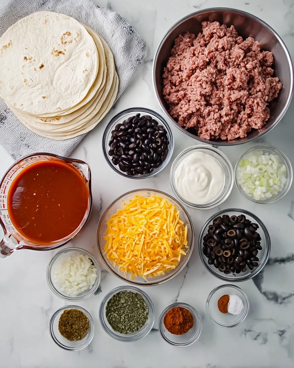 The image shows many clear glass bowls and a metal bowl arranged on a white marbled surface. In the top left, a stack of white flour tortillas is partly covered by a light gray cloth. At the top right, a large metal bowl contains raw ground meat with a pink color. Below it, a small glass bowl holds a white creamy sauce. The other bowls include dark black beans, shredded bright orange cheddar cheese in two sizes, sliced black olives, diced white onions, and small bowls with various spices like green herbs and a reddish powder. On the left side, a large glass measuring cup holds a rich red sauce. The bowls and tortillas are neatly spaced and all ingredients are prepared for cooking. Photo taken with an iphone --ar 4:5 --v 7