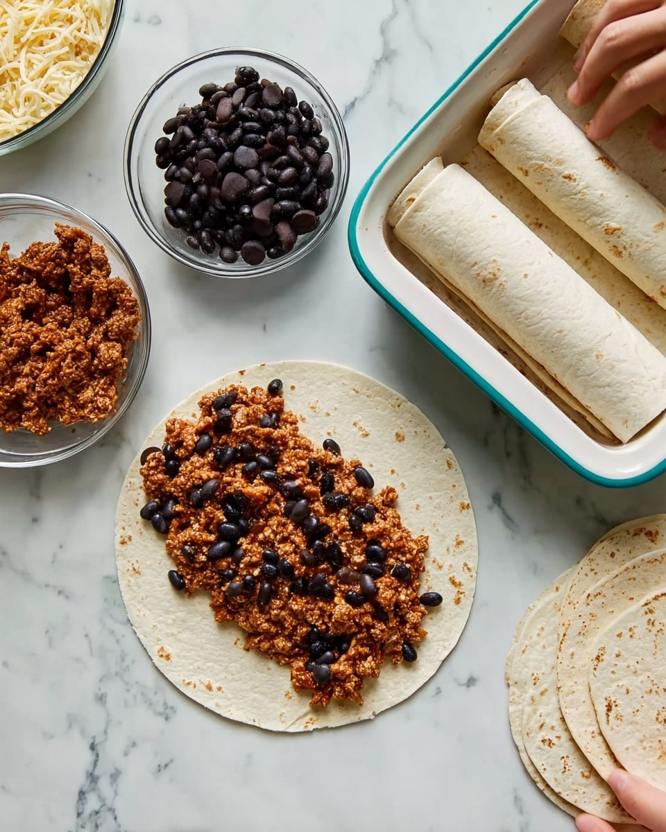 A white tortilla lies flat on a white marbled surface with a thick layer of reddish-brown filling spread in a chunky texture across the center, topped with scattered shiny black beans. Nearby, a woman's hand is seen helping to roll tortillas, with two rolled white tortillas placed inside a white baking dish with turquoise edges. To the left of the main tortilla, there are two clear bowls, one filled with black beans and the other with sliced black olives. A stack of plain white tortillas is positioned at the top right corner on the white marbled surface. The overall scene is bright and clean, showing the preparation process of filled tortillas, photo taken with an iphone --ar 4:5 --v 7