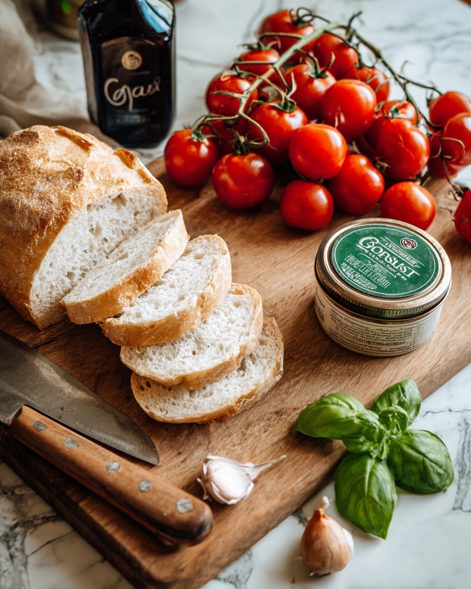 On a wooden cutting board, there is a cluster of bright red cherry tomatoes still on their green vine in the top right corner. Next to it is a round container with a green lid labeled Boursin dairy-free garlic and herbs. In the bottom left are several slices of light-colored crusty bread layered on top of each other with a full piece of bread beside them. Two fresh green basil leaves rest near the bread. A large kitchen knife with a wooden handle lies horizontally near the bottom edge, partly covering a whole garlic bulb and a small brown shallot. On the top left corner stands a dark bottle labeled glaze. The scene is set on a white marbled surface photo taken with an iphone --ar 4:5 --v 7