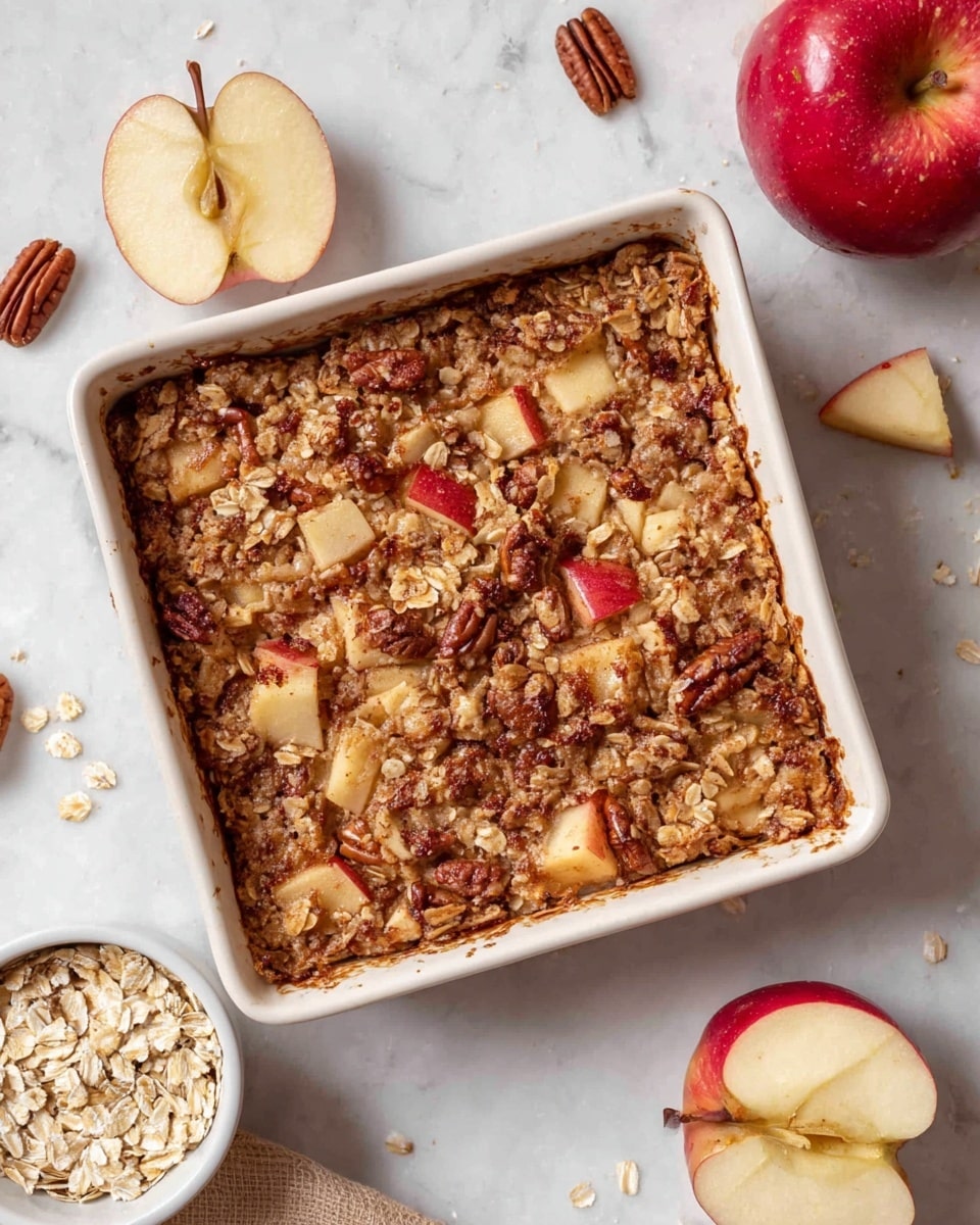 A square white dish filled with a baked oat and apple mixture showing three main layers: the base layer is a soft, dense oat batter spotted with small brown baked edges, the middle layer contains lightly browned apple chunks with red skin and small pieces of pecans scattered evenly, and the top layer has a toasted, slightly crisp texture with visible oats, nuts, and apple pieces. Around the dish are loose oats and apple chunks with a red apple and a small white bowl filled with oats set on a white marbled surface. photo taken with an iphone --ar 4:5 --v 7