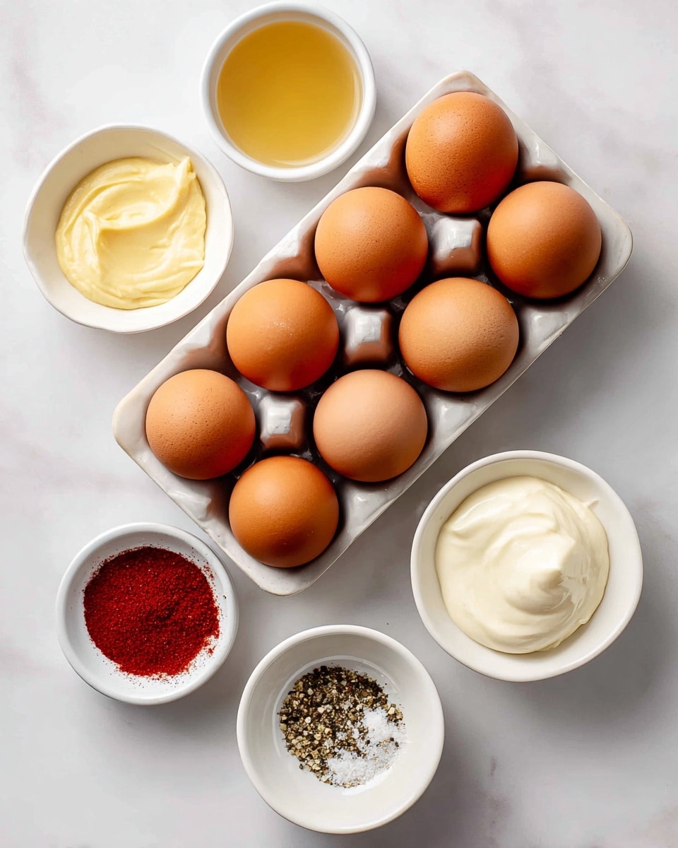 The image shows six brown eggs arranged in a white egg tray on a white marbled surface. Around the tray are six small white bowls, each holding different ingredients: one with a dollop of pale yellow Dijon mustard, one with a light beige apple cider vinegar liquid, one with a creamy white mayonnaise, one with a fine red paprika powder, and one with coarse salt and black pepper mixed together. The setup is neat and evenly spaced, with clear labels on each ingredient, all presented on the white marbled surface. photo taken with an iphone --ar 4:5 --v 7
