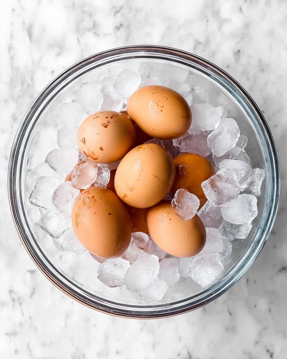 A clear glass bowl filled with six light brown eggs surrounded by many clear ice cubes. The bowl sits on a white marbled surface, and the ice cubes are layered evenly around and on top of the eggs, giving a cool, fresh look. The eggs have a smooth texture with some small spots on them, and the bowl's edges reflect light softly. Photo taken with an iphone --ar 4:5 --v 7