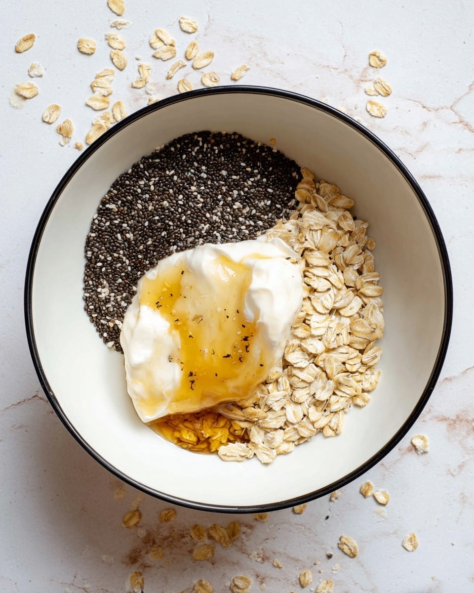 In a large white bowl with a black rim, there are four main layers. At the top is a pile of small, shiny black chia seeds on the right side. Next to it, moving left, is a layer of beige rolled oats. In front of the oats is a dollop of thick white yogurt. Drizzled over the yogurt is a golden honey syrup that slightly spreads around it. The bowl is placed on a white marbled surface with scattered light brown oat flakes around it. Photo taken with an iphone --ar 4:5 --v 7
