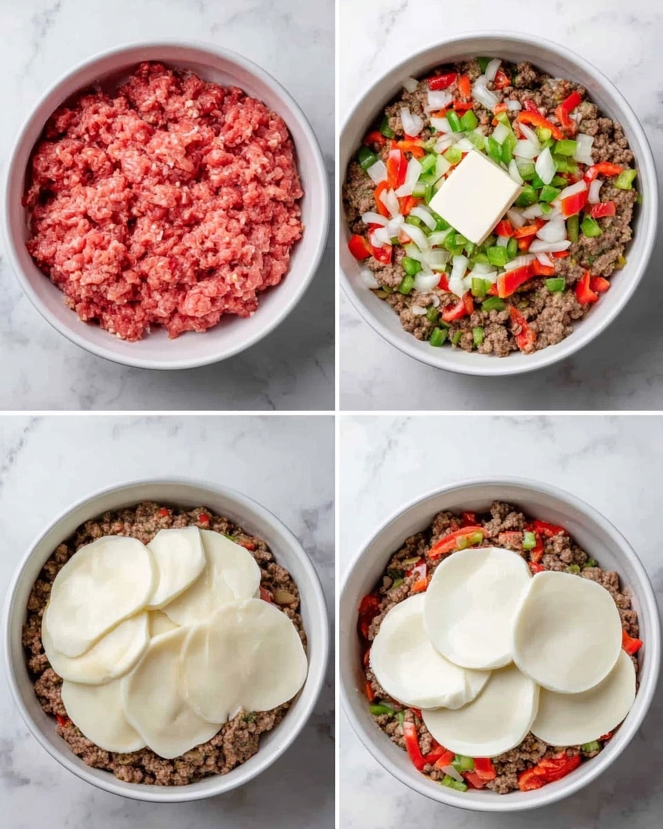 The image shows four stages of making a layered dish in a white bowl on a white marbled surface. The first layer is raw ground meat, red in color, filling the bowl. The second layer is cooked ground meat, seasoned and brown, topped with chopped white onions, red bell peppers, and green peppers in the center. The third layer has the same cooked meat and veggies, with a block of white cream cheese placed in the middle. The final layer shows several smooth, round white cheese slices covering the meat and veggies evenly on top. Photo taken with an iphone --ar 4:5 --v 7