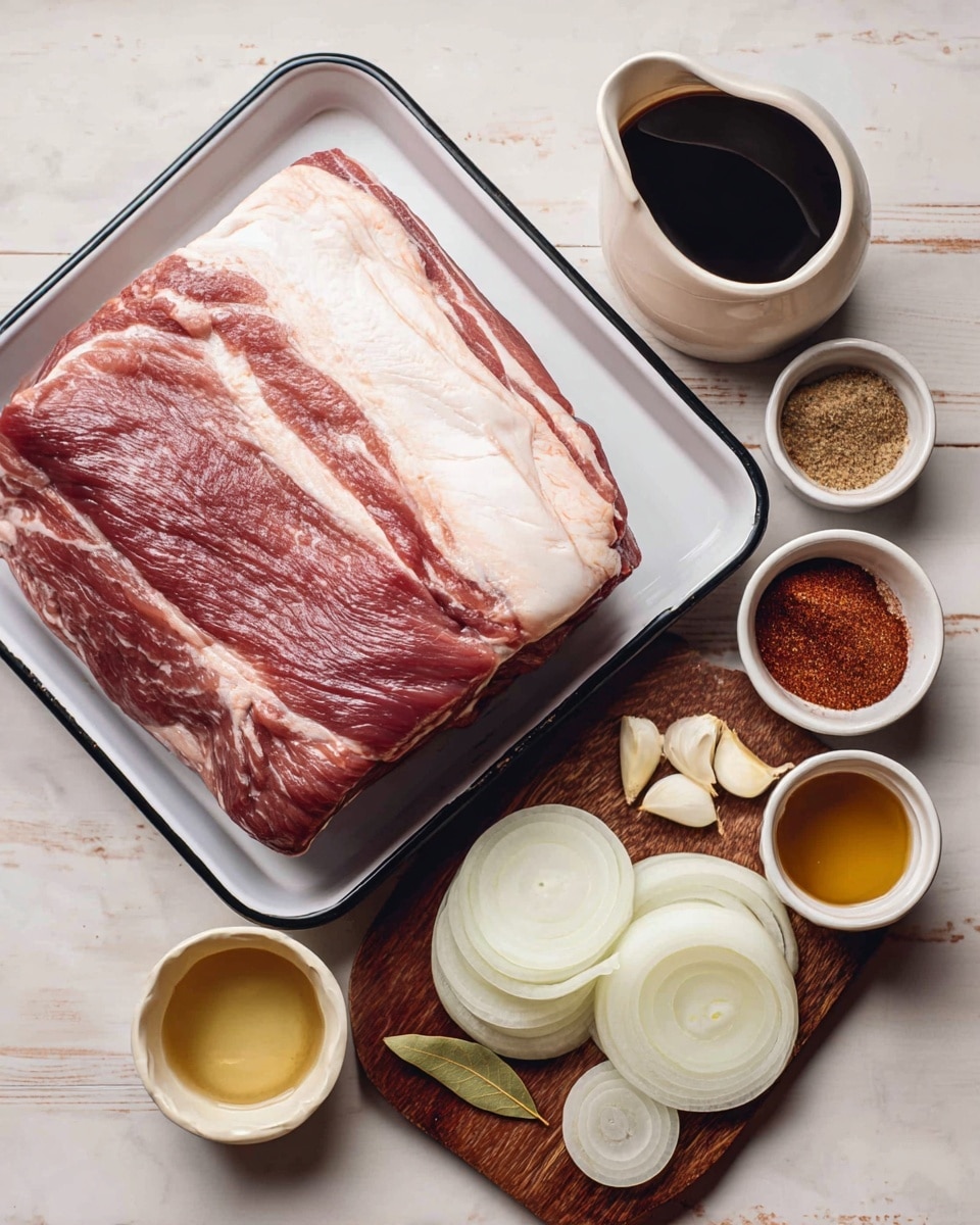 A large raw piece of meat with a thick layer of white fat on top lies flat on a white tray with a black rim on a white marbled surface. To the right, a wooden board holds several food items arranged neatly: a pile of white sliced onion rings at the bottom right, a few peeled garlic cloves clustered above the onion, and a single bay leaf near the top center. Surrounding the wooden board and tray are four small white bowls, each containing different ingredients - a dark liquid in a jug-shaped bowl at the top center, a reddish-brown spice mix in a bowl just below it, a light golden liquid in a bowl next to the dark liquid, and another darker liquid in a smaller bowl near the garlic. The whole setting is styled neatly on a white marbled surface. photo taken with an iphone --ar 4:5 --v 7