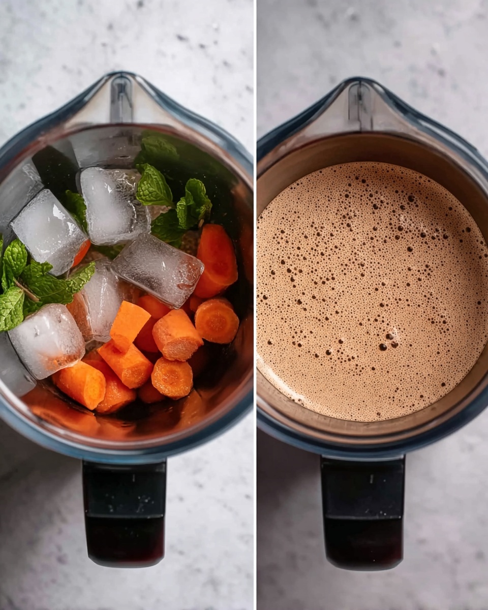 The image shows two top-down views of a blender. In the first view, inside the metal container are three layers: the bottom layer is small orange carrot pieces, the middle layer is green mint leaves, and the top layer is several large pieces of clear ice. In the second view, the blender container holds a smooth, light brown foam with tiny bubbles evenly spread on the surface. Both images are taken with a white marbled background. photo taken with an iphone --ar 4:5 --v 7