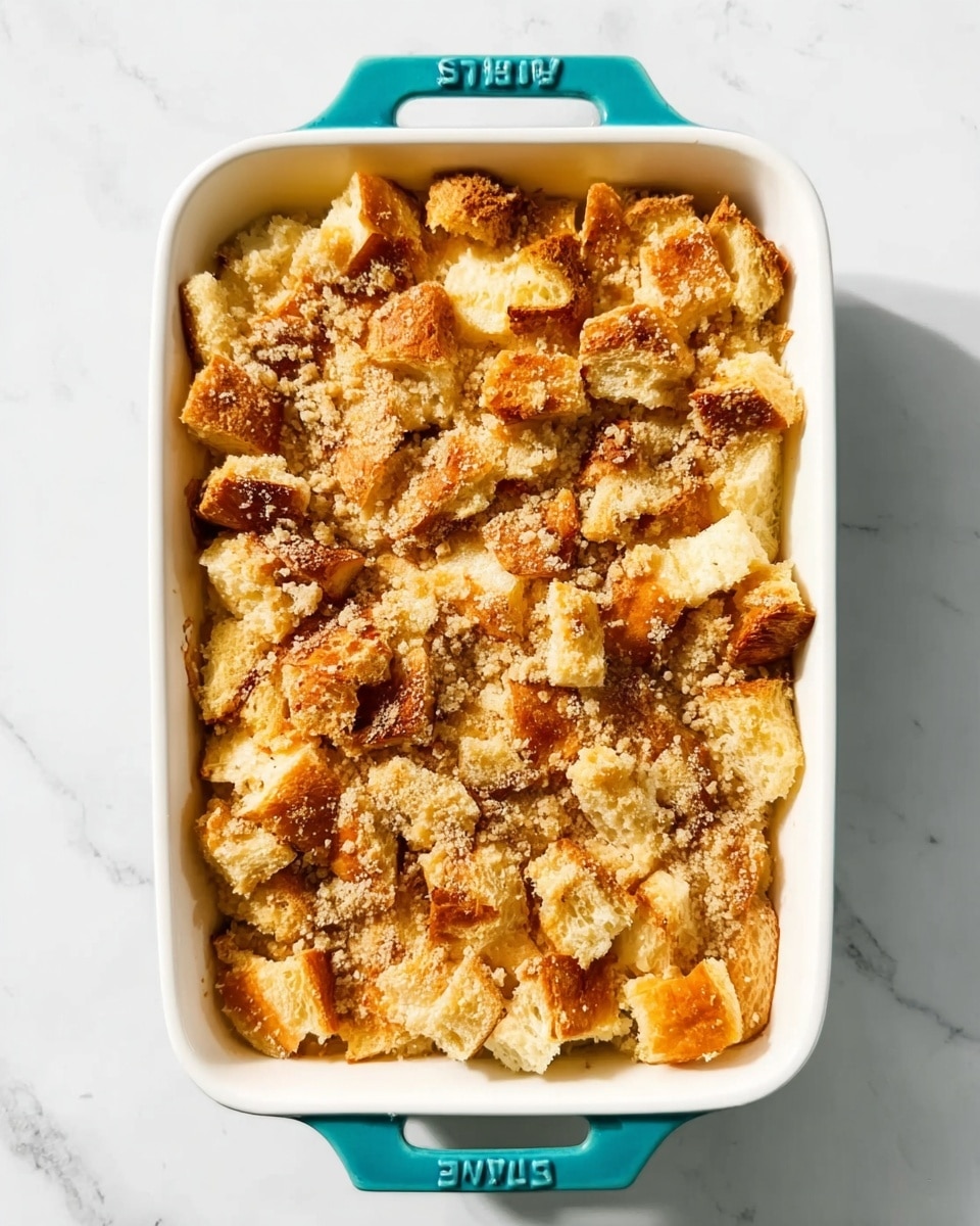 The image shows a rectangular white baking dish with teal handles filled with a baked bread pudding. The pudding has a top layer of golden brown toasted bread pieces mixed with a light brown crumbly topping. The pieces are irregular in shape, with a mix of soft and crisp textures, and unevenly scattered across the surface. The dish is placed on a white marbled surface with soft shadows. Photo taken with an iphone --ar 4:5 --v 7
