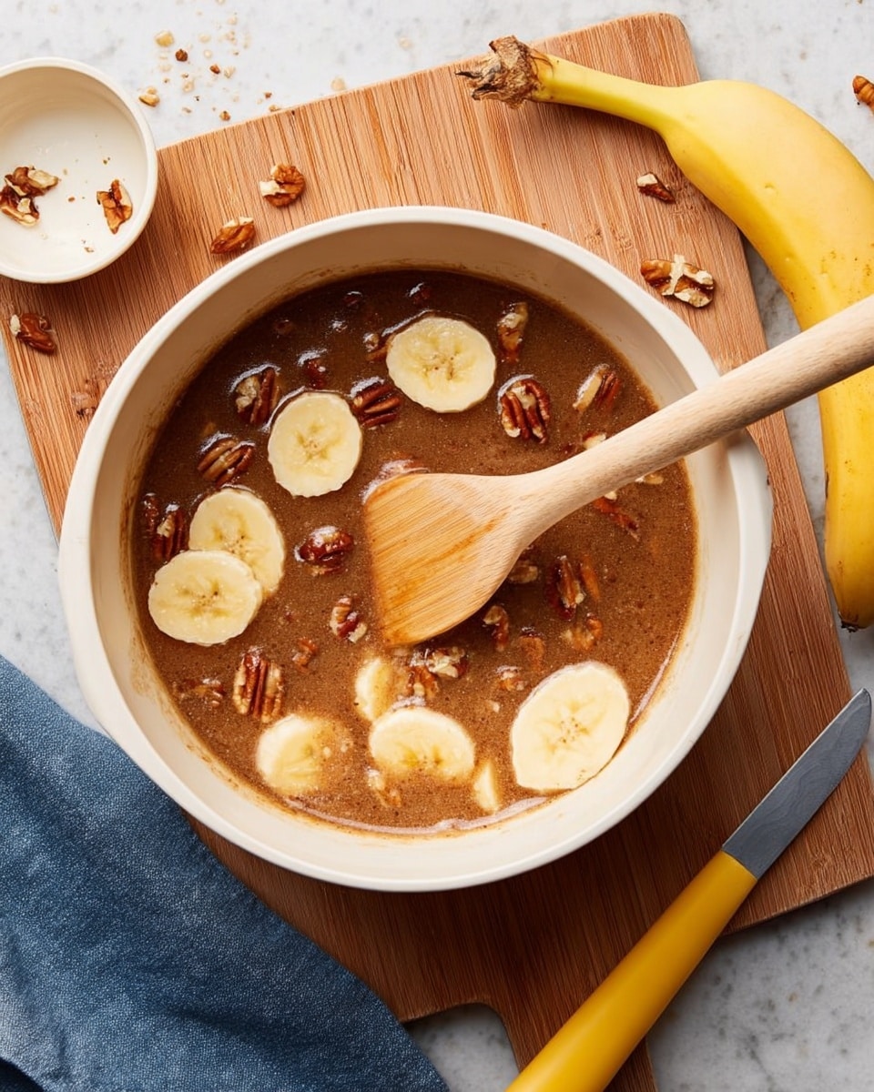 A white bowl filled with a brown sauce that has a shiny, smooth texture. Inside the sauce are several light yellow banana slices and small chunks of pecan nuts scattered evenly. A wooden spatula with a light brown handle is resting inside the bowl, with some sauce and banana slices on it. To the right, there is a wooden cutting board on a white marbled surface, with a peeled banana laying diagonally, a small white round bowl with a few crumbs, and a yellow-handled knife beside it. photo taken with an iphone --ar 4:5 --v 7