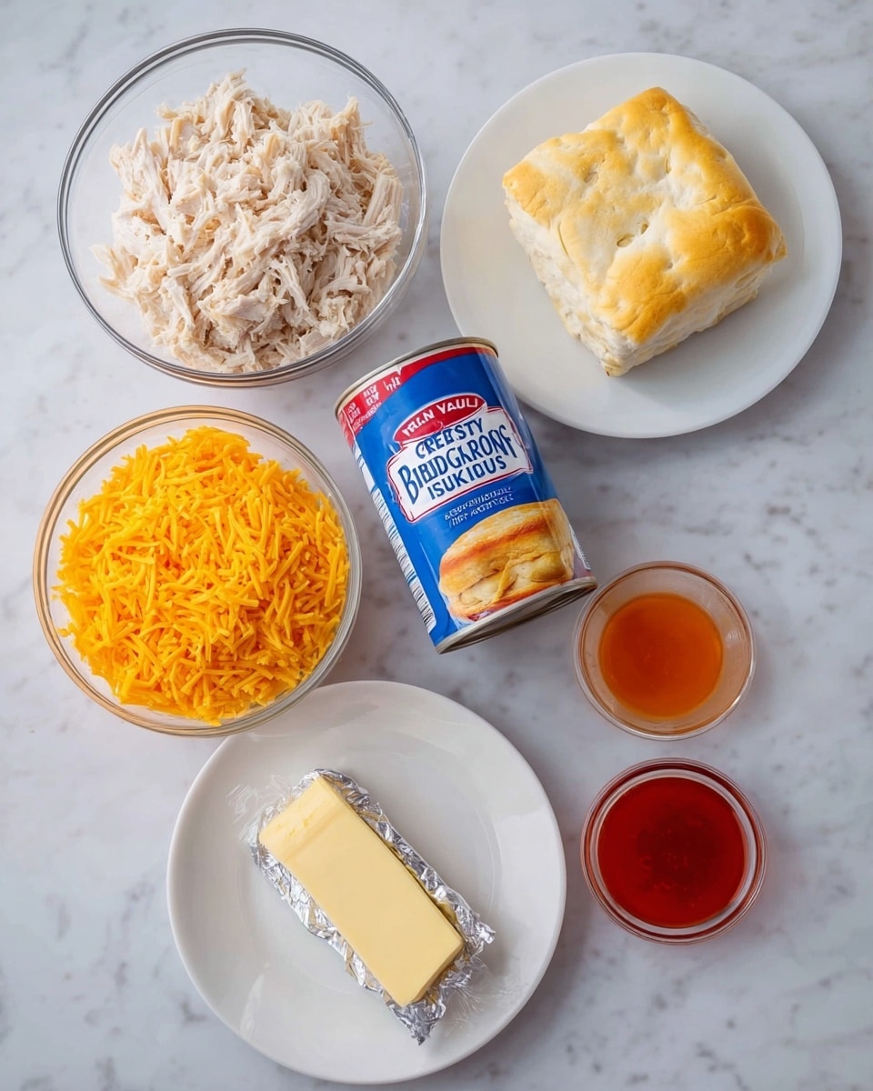 A top view of cooking ingredients arranged on a white marbled surface. There are six items: a clear glass bowl with shredded light beige cooked chicken, a white plate with a block of smooth cream cheese, a can of Great Value Jumbo Biscuits with blue, red and white packaging standing upright in the center, a clear glass bowl filled with bright orange shredded cheese, a small white plate with a wrapped stick of light yellow butter, and a clear glass bowl containing a reddish-orange sauce. The items are spaced out evenly and clearly visible. Photo taken with an iphone --ar 4:5 --v 7