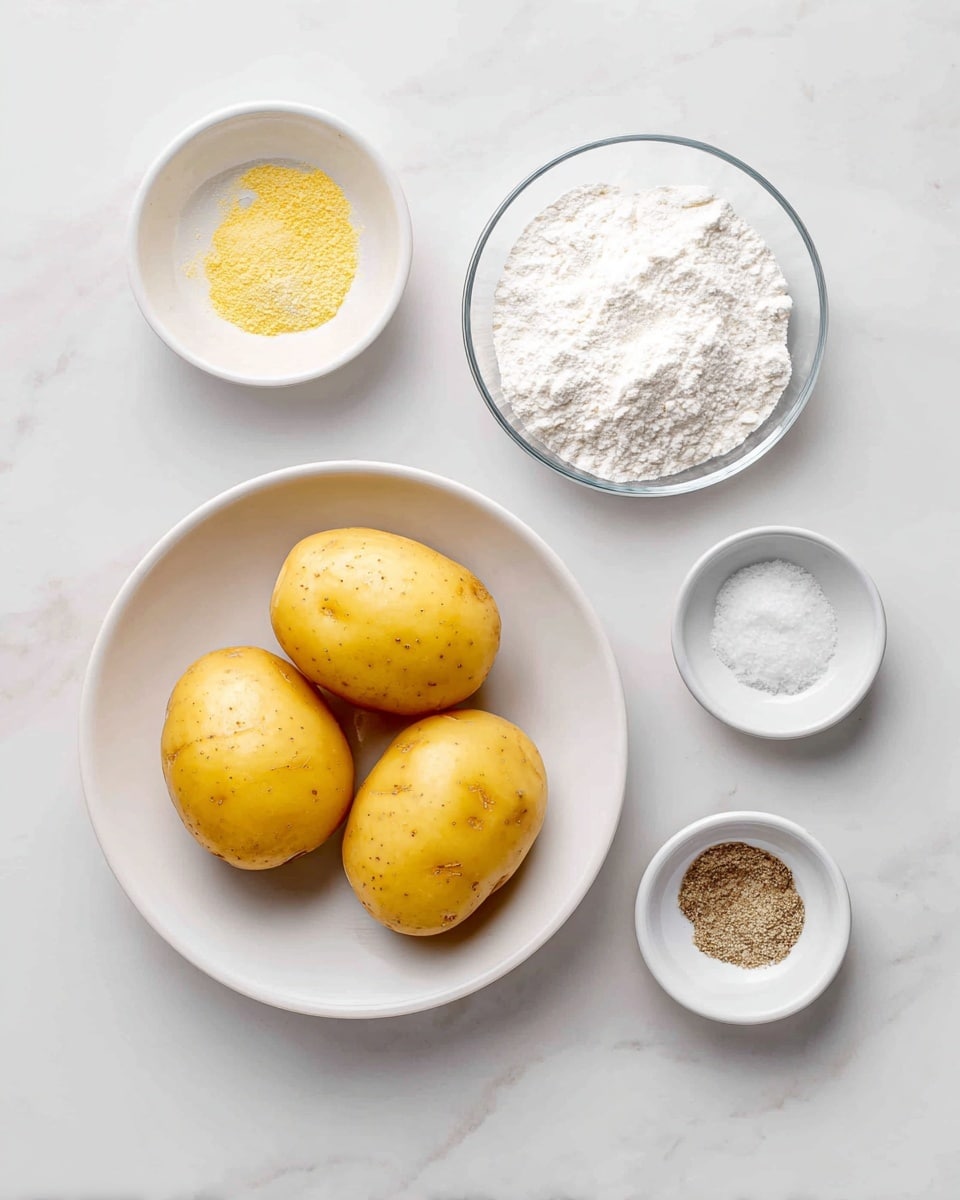 The image shows five small white dishes arranged on a white marbled surface. In the center is a white round plate holding four yellow potatoes with a smooth texture. At the top left is a small white dish with light yellow onion powder, and at the top right is a small transparent bowl with white cornflour. At the bottom left is a small white dish with white salt, and at the bottom right is a small white dish with light brown pepper. Each ingredient is labeled with black text above or beside the dishes. Photo taken with an iphone --ar 4:5 --v 7