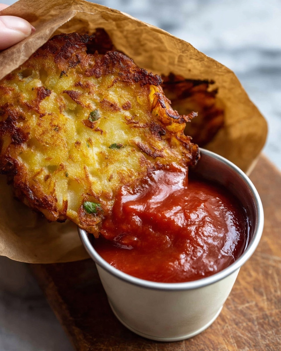 A close-up view of a golden brown crispy potato pancake dipped into a small white metal cup filled with thick, shiny red tomato sauce. The pancake has a rough texture with small bits of green herbs. A woman's hand holds the brown paper wrapping around the top left corner of the pancake. The background surface is a white marbled texture. photo taken with an iphone --ar 4:5 --v 7