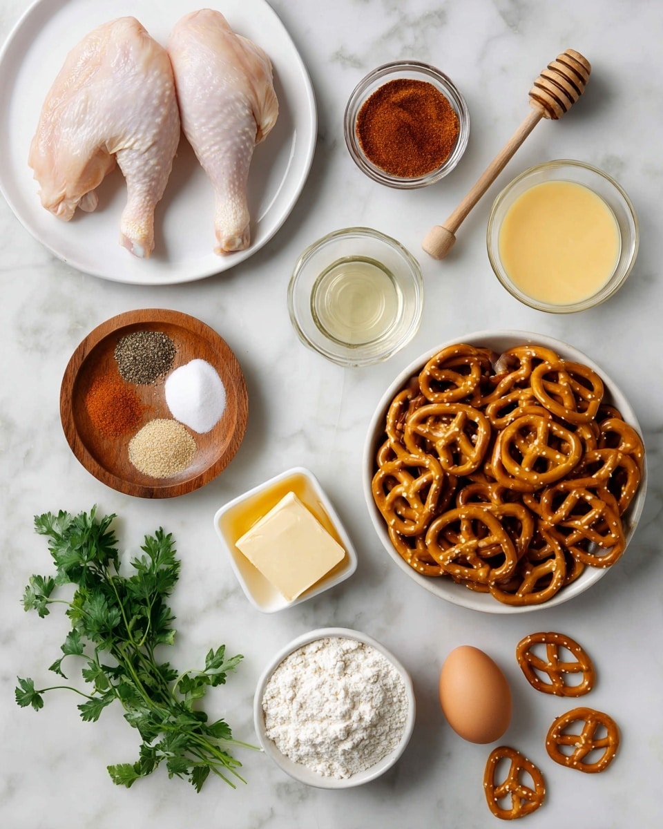The image shows ingredients arranged neatly on a white marbled surface. In the top left, two raw chicken pieces lay on a white plate with smooth, pale pink skin. Below it, there's a small glass bowl filled with reddish-brown seasoning, and to its left, a wooden bowl holds five different spices in distinct sections: red powder, beige powder, white salt, black pepper, and another light-colored spice. Next to the wooden bowl is a single brown egg with spots. In the center, a white bowl is filled with many golden-brown pretzels with a shiny surface. Surrounding the bowl are a few scattered individual pretzels. Above the pretzels, two small square white dishes hold creamy sauces, one light yellow and the other mustard yellow. Below the egg and close to the pretzels is a small wooden bowl with a square of pale yellow butter. In the bottom center, a glass bowl is filled with white flour, and to the right of it is a small clear glass of water. On the bottom left, a white bowl with scalloped edges contains golden honey with a woman’s hand wooden honey dipper resting in it. Lastly, three sprigs of fresh green parsley lay diagonally near the honey bowl. Photo taken with an iphone --ar 4:5 --v 7