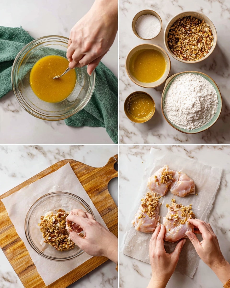A collage of four images showing the process of coating chicken in different layers. In the first image, a woman's hand is mixing a golden-yellow sauce in a clear glass bowl over a white marbled surface with a green cloth nearby. The second image shows two bowls and a cutting board on the white marbled surface: one bowl has a mustard-colored sauce, the middle bowl contains white flour, and the last bowl is filled with crushed nuts; a woman's hand is placing a piece of raw chicken on the flour. In the third image, the woman's hands dip the floured chicken piece into the mustard-colored sauce while more raw chicken pieces lie on the board. The fourth image shows the hands coating the sauced chicken piece in the crushed nuts bowl, with some nut-coated pieces resting on the parchment-lined board next to the bowls. photo taken with an iphone --ar 4:5 --v 7