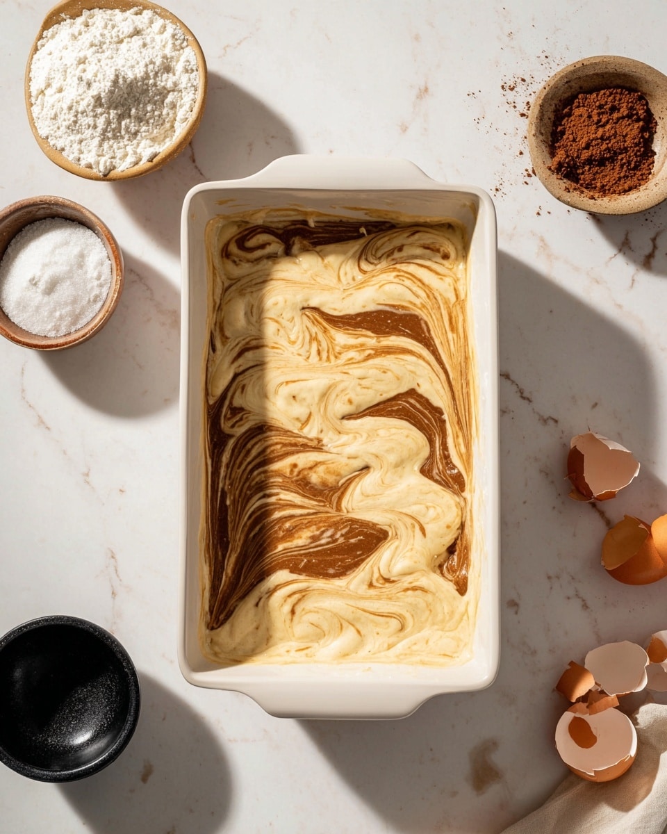 A rectangular white ceramic baking dish filled with a two-color batter mixture swirled together on top in smooth, thick ribbons; the base batter is pale cream, while the swirled layer is a light brown shade, creating a marbled effect across the surface. The dish sits on a white marbled surface surrounded by a beige bowl of flour, an off-white small bowl with a brown powder, a small black bowl of coarse white salt, and several broken eggshells, all arranged neatly around the main dish. The lighting is bright, casting soft shadows, and the scene gives a clean, fresh cooking vibe. photo taken with an iphone --ar 4:5 --v 7