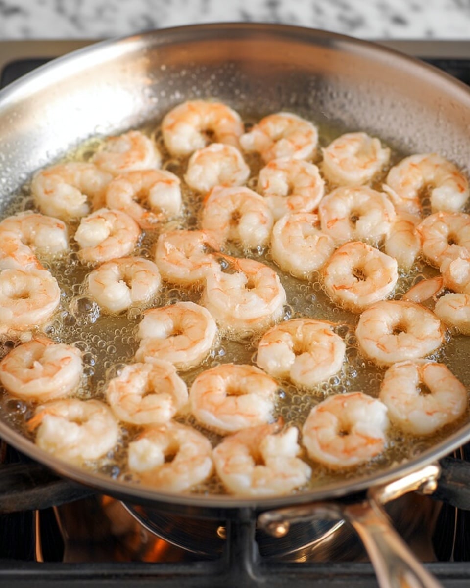 A close-up view of a metal pan filled with a single layer of small cooked shrimp. The shrimp are light pink with white centers and slightly curled, spread evenly across the pan's shiny surface. The pan is on a stovetop burner with some bubbling oil around the shrimp, showing they are cooking. The background is a white marbled texture. photo taken with an iphone --ar 4:5 --v 7