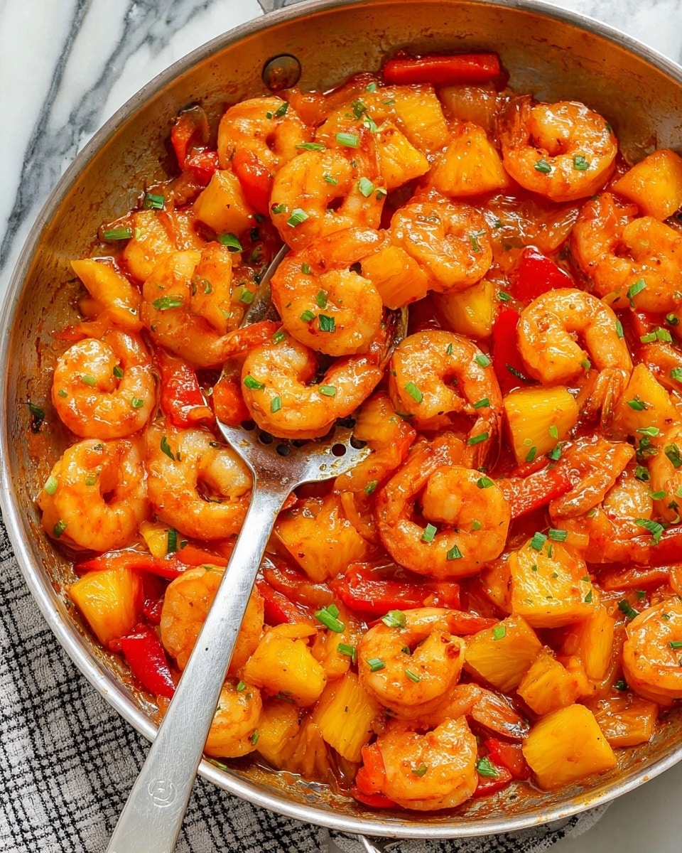 A close-up of a pan filled with cooked shrimp coated in a shiny orange sauce, mixed with chunks of yellow pineapple and pieces of red bell pepper scattered throughout. The shrimp are plump and arranged evenly across the pan, with small green chopped herbs sprinkled on top. A silver slotted spatula rests inside the pan, partially covered by the sauce and shrimp. The pan sits on a white marbled surface with a checked cloth underneath, adding texture to the background photo taken with an iphone --ar 4:5 --v 7