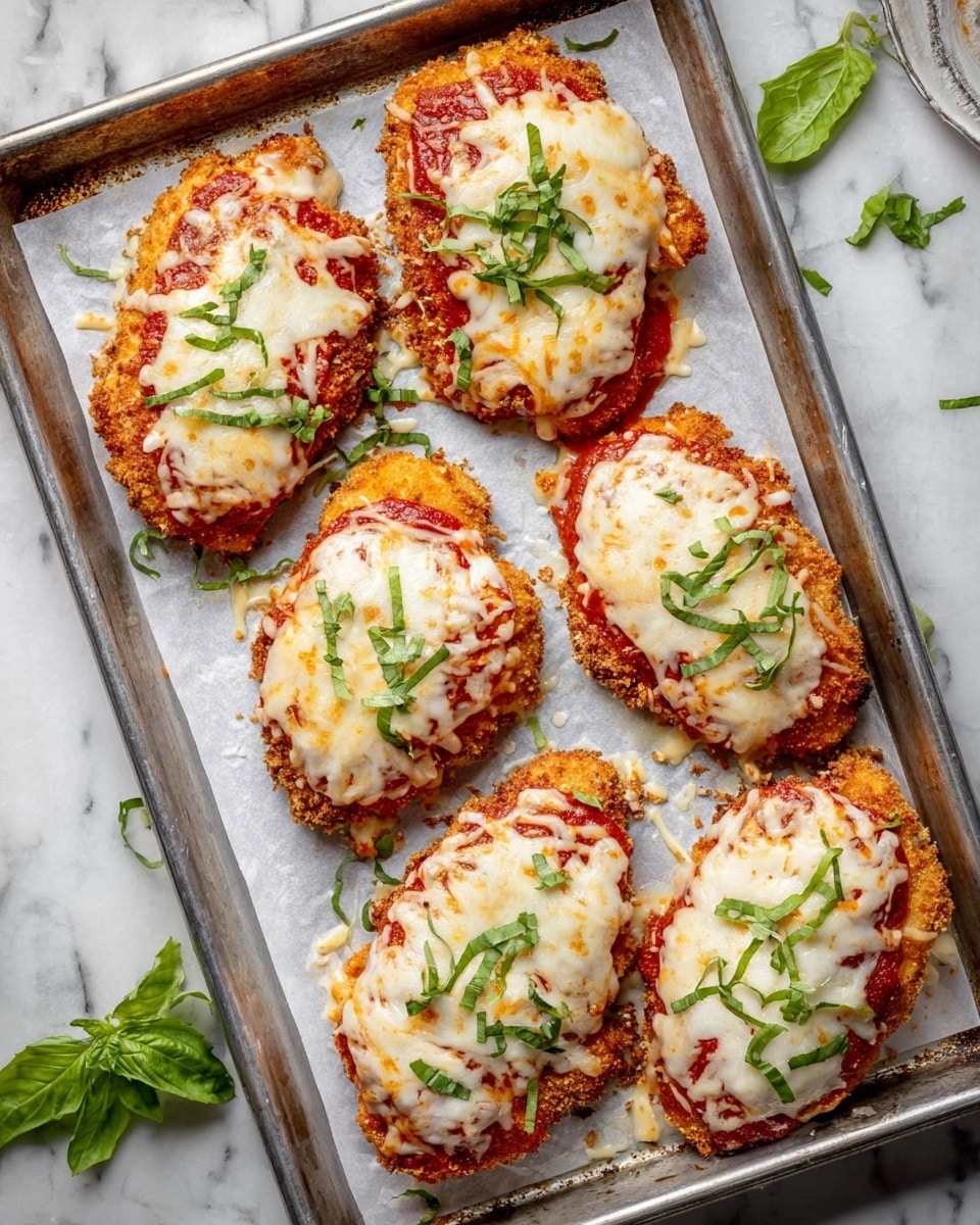 Six pieces of chicken are on a metal baking tray lined with baking paper. Each piece has three layers: a crispy golden-brown fried chicken base, a bright red tomato sauce layer in the middle, and a thick, melted white cheese layer on top with small green basil leaf pieces scattered over it. The baking tray is set on a white marbled surface with a few fresh green basil leaves nearby. photo taken with an iphone --ar 4:5 --v 7