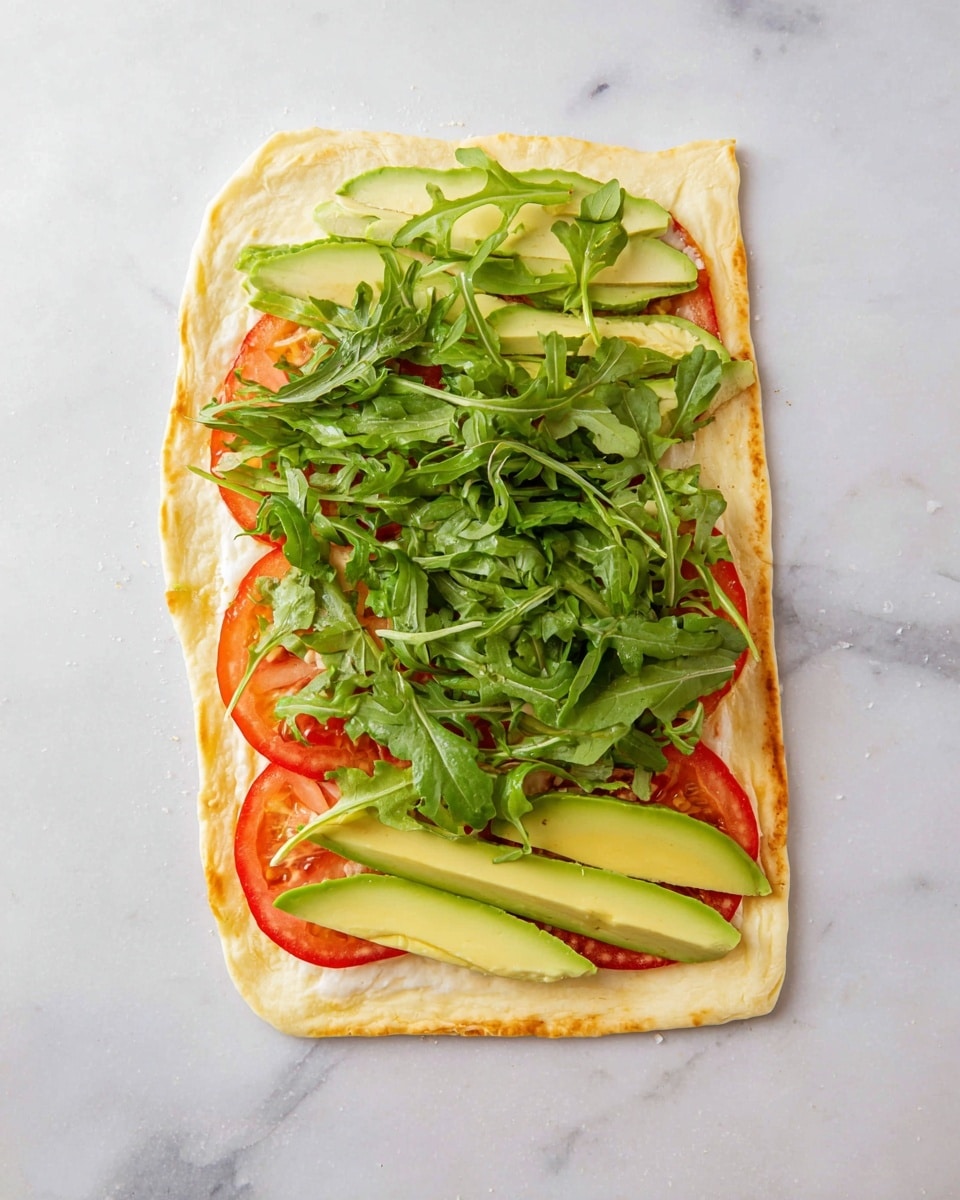 A single rectangular flatbread lies flat on a white marbled surface, slightly browned in places with a soft texture and slight wrinkles. On the bottom third of the flatbread, there are three layers: thin, round slices of red tomatoes sit directly on the bread, topped by green slices of avocado with a smooth texture, and finished with a generous pile of fresh, leafy arugula with jagged edges, overflowing slightly over the edges. The arrangement is simple and colorful, showing clear, fresh ingredients ready to be wrapped photo taken with an iphone --ar 4:5 --v 7