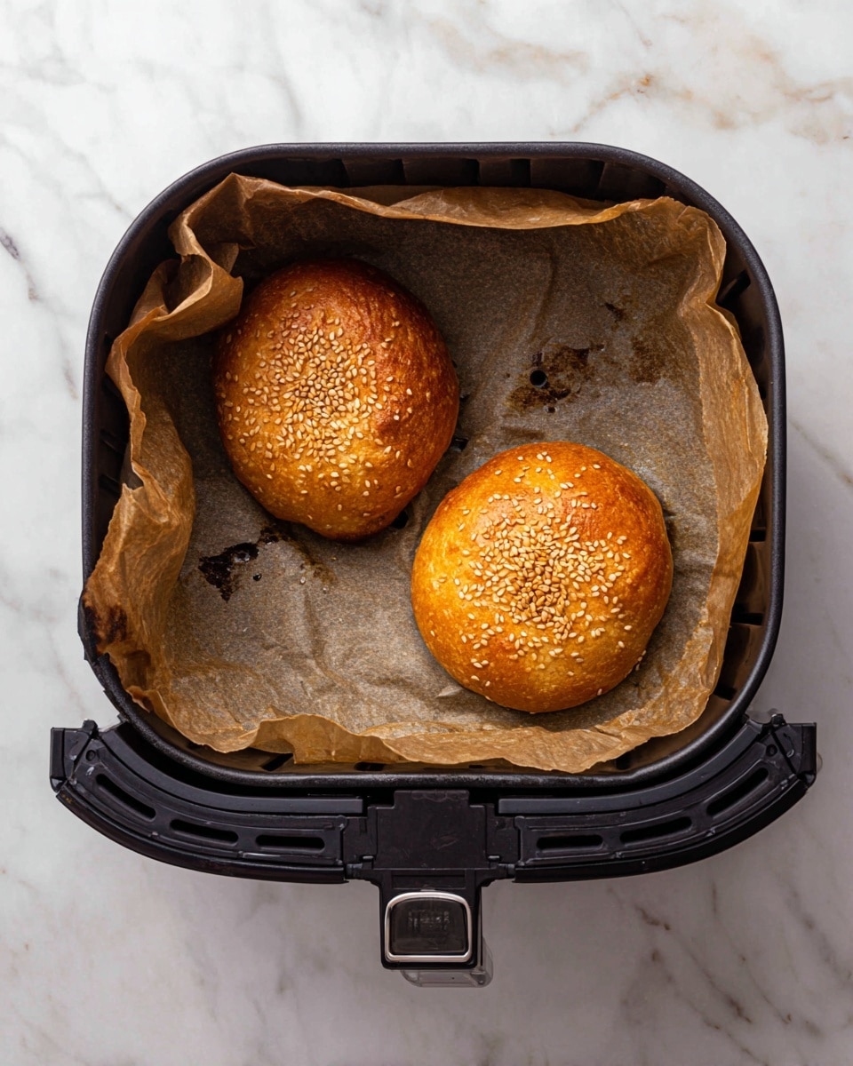 Two golden-brown round buns with sesame seeds on top rest in a black air fryer basket lined with crinkled brown parchment paper that shows slight oil stains. The buns have a slightly puffy texture with small dents in their center. The air fryer basket has a handle at the bottom and is placed on a white marbled surface. photo taken with an iphone --ar 4:5 --v 7