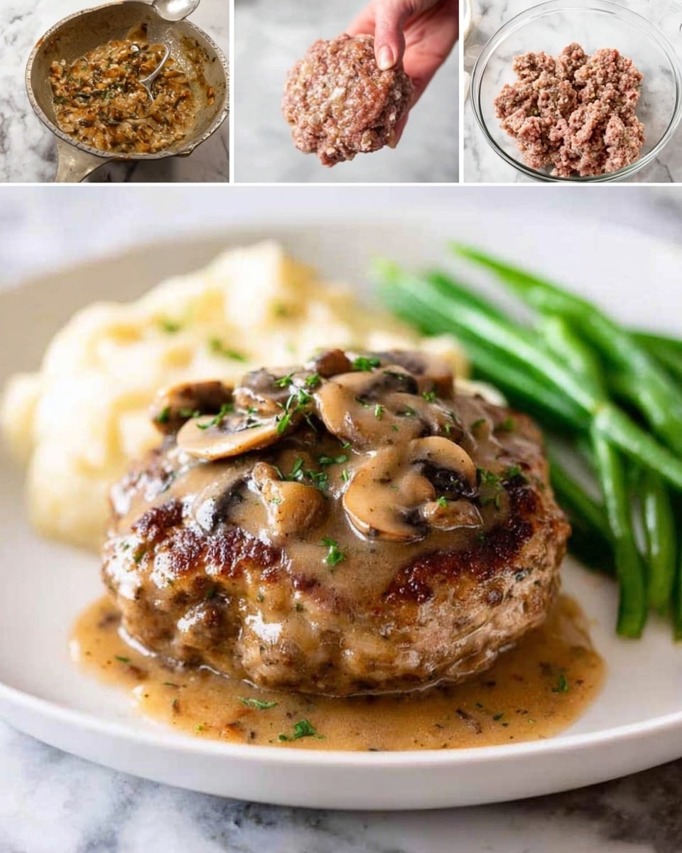 A close-up of a cooked patty topped with brown mushroom sauce and chopped herbs on a white plate. The plate also has green beans on the right side and mashed potatoes in the background. The sauce looks creamy and thick, with sliced mushrooms scattered on top of the patty. The image shows a white marbled surface underneath the plate. Three smaller images on the right display the cooking process: the top shows a bowl with raw mixed ground meat, the middle shows a woman's hand holding a shaped raw meat patty, and the bottom shows sliced mushrooms being cooked in a white pan with butter or oil. photo taken with an iphone --ar 4:5 --v 7