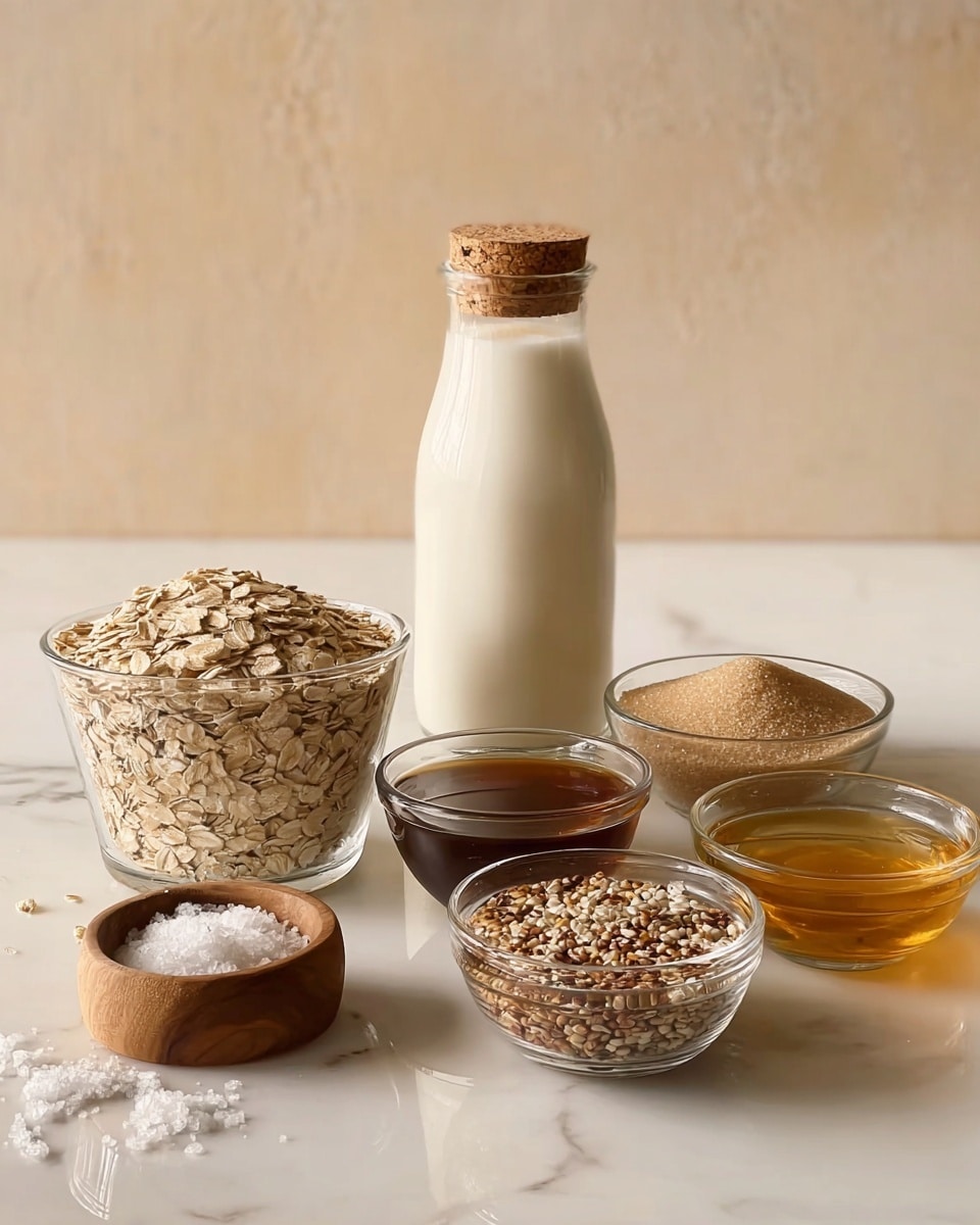 A group of clear glass bowls and one wooden bowl are placed on a white marbled surface. The largest glass bowl is full of light beige rolled oats with a rough texture, sitting at the back left. To its right, a tall glass bottle filled with white milk and topped with a round cork lid stands in the center back. Next to the bottle on the right is a medium glass bowl filled with smooth, light brown sugar. In front of the sugar is a small glass bowl with dark brown liquid, and next to it on the right is another small glass bowl filled with golden honey. In front of the oats and bottle, a medium glass bowl holds a mix of seeds and grains in shades of brown, tan, and cream. At the front left, a small wooden bowl contains coarse white salt crystals. The background is plain and beige, and the scene is bright with soft natural light. photo taken with an iphone --ar 4:5 --v 7