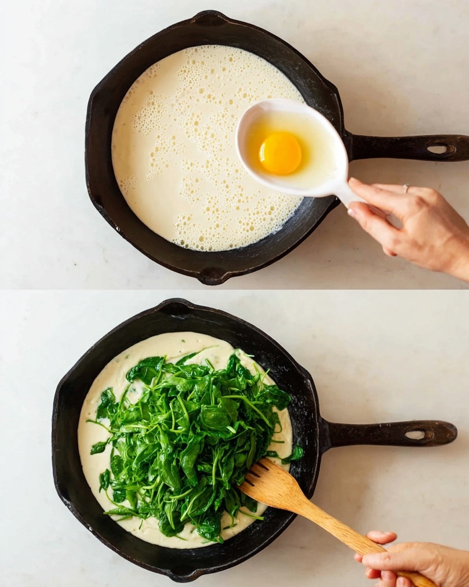 A black cast iron pan sits on a white marbled surface, filled with a light creamy batter that has a smooth, slightly bubbly texture. In the first image, a woman's hand holds a small white dish with a bright yellow egg yolk, about to add it to the batter as the wooden spoon with some batter rests inside the pan. In the second image, the wooden spoon is partially covered by a heap of fresh, shredded bright green spinach leaves placed on top of the batter inside the pan, showing the start of mixing ingredients. Photo taken with an iphone --ar 4:5 --v 7