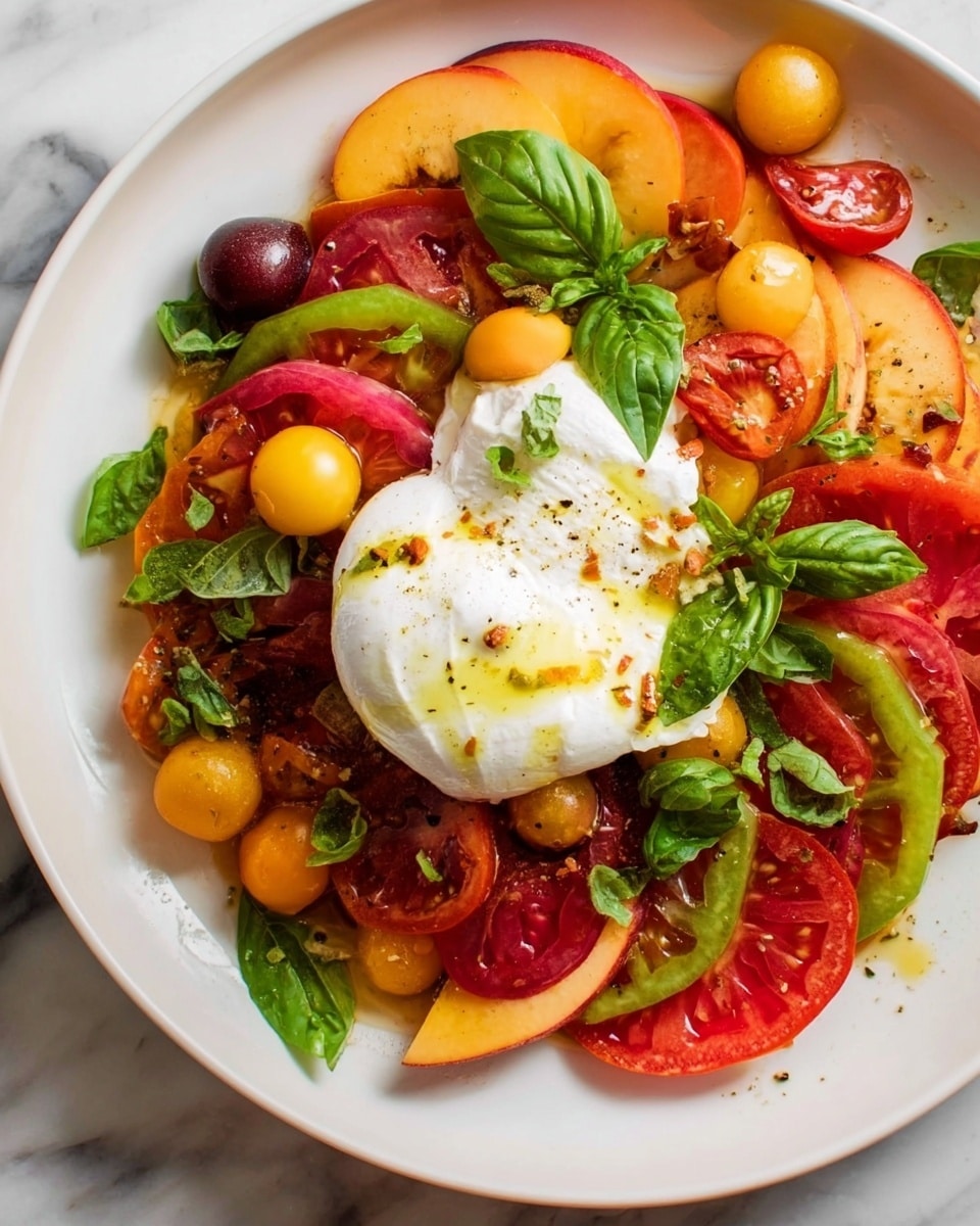 The image shows a white plate filled with a colorful salad arranged in layers. The bottom layer consists of various thick slices of red, yellow, and green tomatoes and peach slices around the edge. On top, there are fresh green basil leaves scattered around the plate. At the center, a large dollop of creamy white burrata cheese sits, with light drizzle of oil and a sprinkle of black pepper. Around the cheese, there are small whole yellow cherry tomatoes, red cherries, and a few small chopped nuts sprinkled on the salad. The plate is placed on a white marbled surface. photo taken with an iphone --ar 4:5 --v 7
