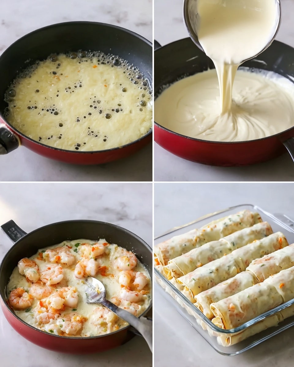 A black cooking pan with a thick yellowish sauce bubbling inside is shown in the first image, the sauce has small black specks and frothy bubbles, placed on a white marbled surface. In the second image, the same pan now holds a smooth, creamy white sauce with a ribbon-like flow being poured from a spoon. The third image shows a red pan filled with small cooked shrimp mixed in the creamy white sauce, accented by bits of green herbs and orange pieces, a black spoon resting inside, all set on a white marbled surface. The fourth image displays a clear rectangular glass dish filled with tightly packed rolled tortillas, creamy white sauce is being poured evenly over the rolls from a small white bowl above, resting on a white marbled surface. Photo taken with an iphone --ar 4:5 --v 7