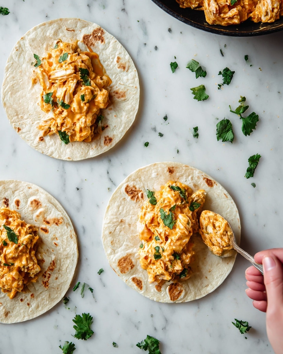 Three small soft tortillas lay flat on a white marbled surface, each topped with a creamy orange chicken mixture with a smooth texture and scattered green cilantro leaves. The tortillas have light brown spots showing slight toasting, and the chicken filling is placed towards the center of each tortilla. In the lower right, a woman's hand holds a spoon adding more of the chicken filling to one tortilla. To the right edge, a black pan partially appears, containing more of the orange chicken mixture. Small sprigs of cilantro are scattered around the surface near the tortillas. photo taken with an iphone --ar 4:5 --v 7