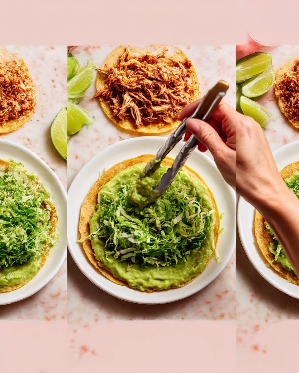 A white plate sits on a white marbled surface with a round, golden-brown tostada base in the center. On the tostada, the first layer is a thick, smooth green spread of guacamole, covering the entire surface evenly. The second layer is a pile of fresh, shredded green lettuce placed in the middle, leaving some guacamole visible around the edges. Finally, the third layer shows shredded, roasted chicken with a reddish-brown color being placed on top with metal tongs, partially covering the lettuce. Around the plate, there are slices of lime, more shredded chicken, and a glass of red drink, with a woman's hand holding a wooden spoon spreading the guacamole in the first frame. Photo taken with an iphone --ar 4:5 --v 7
